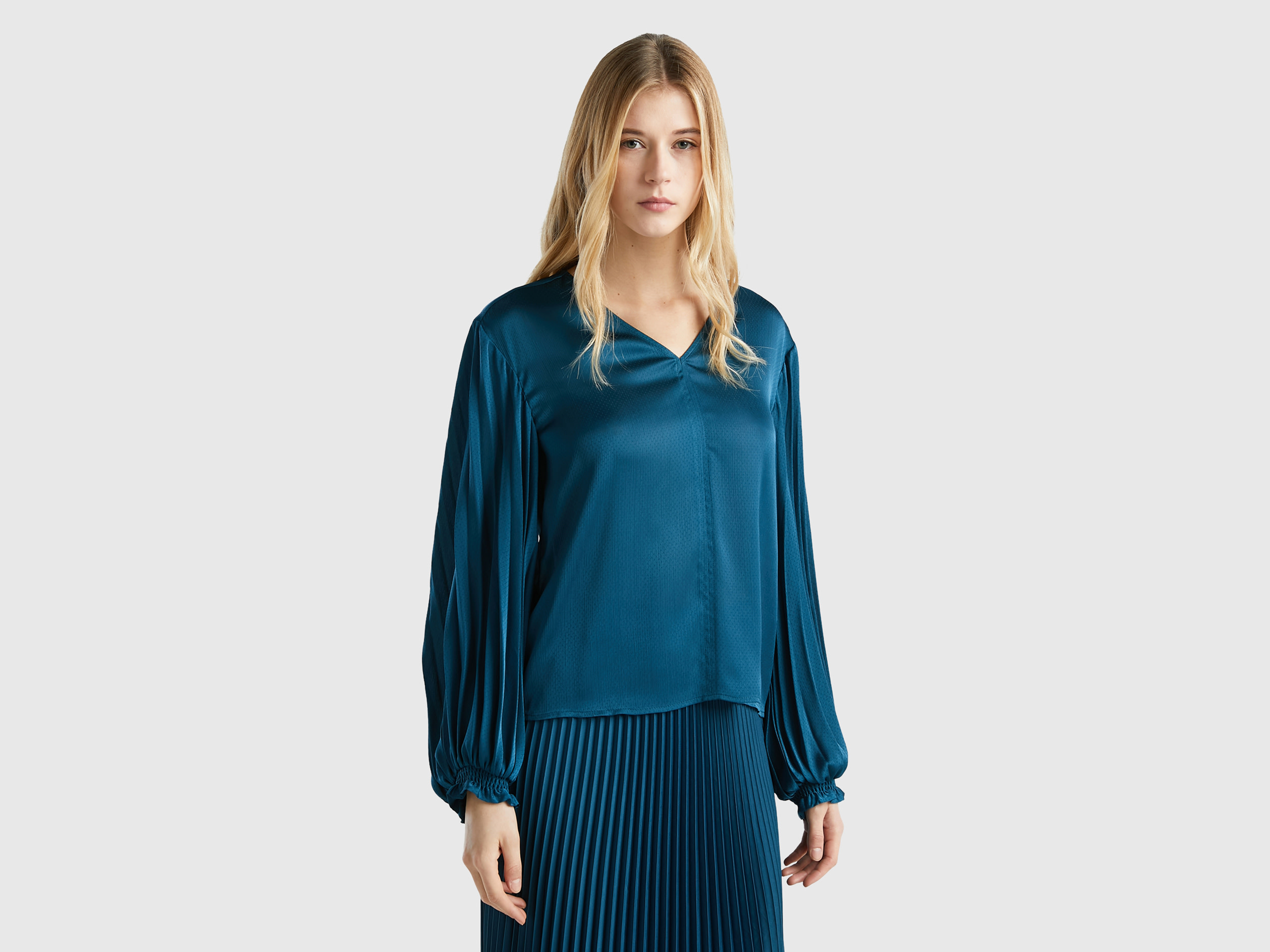 Benetton, Blouse With Long Pleated Sleeves, size XS, Teal, Women