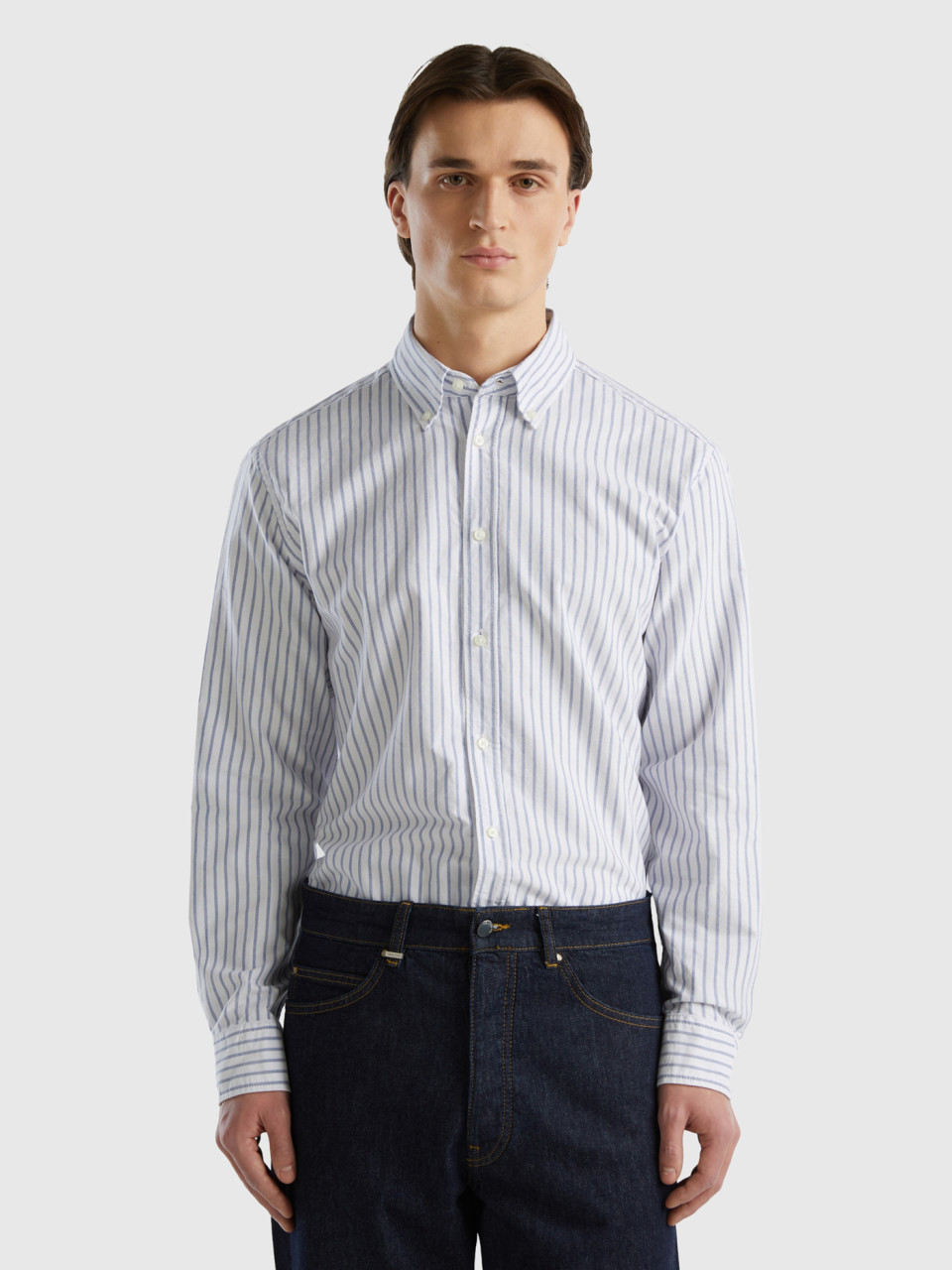 Benetton, 100% Cotton Striped Shirt, Light Blue, Men