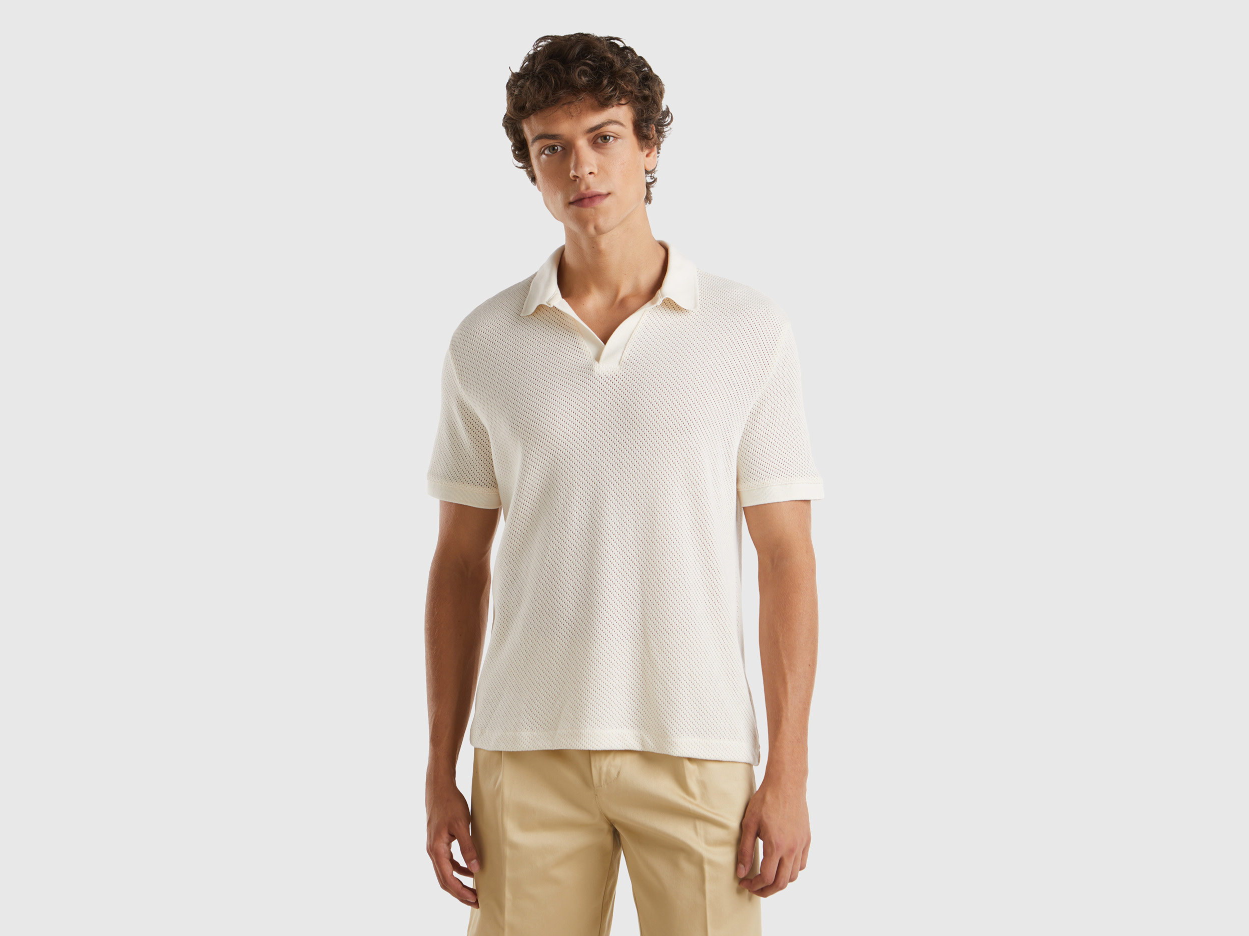 Image of Benetton, Perforated Cotton Polo Shirt, size M, Creamy White, Men