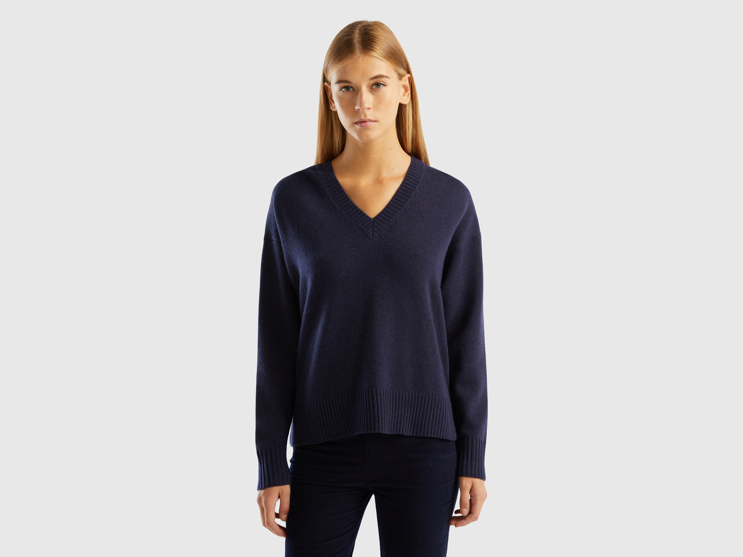 Benetton, Oversized Fit Sweater With Slits, size XS-S, Dark Blue, Women