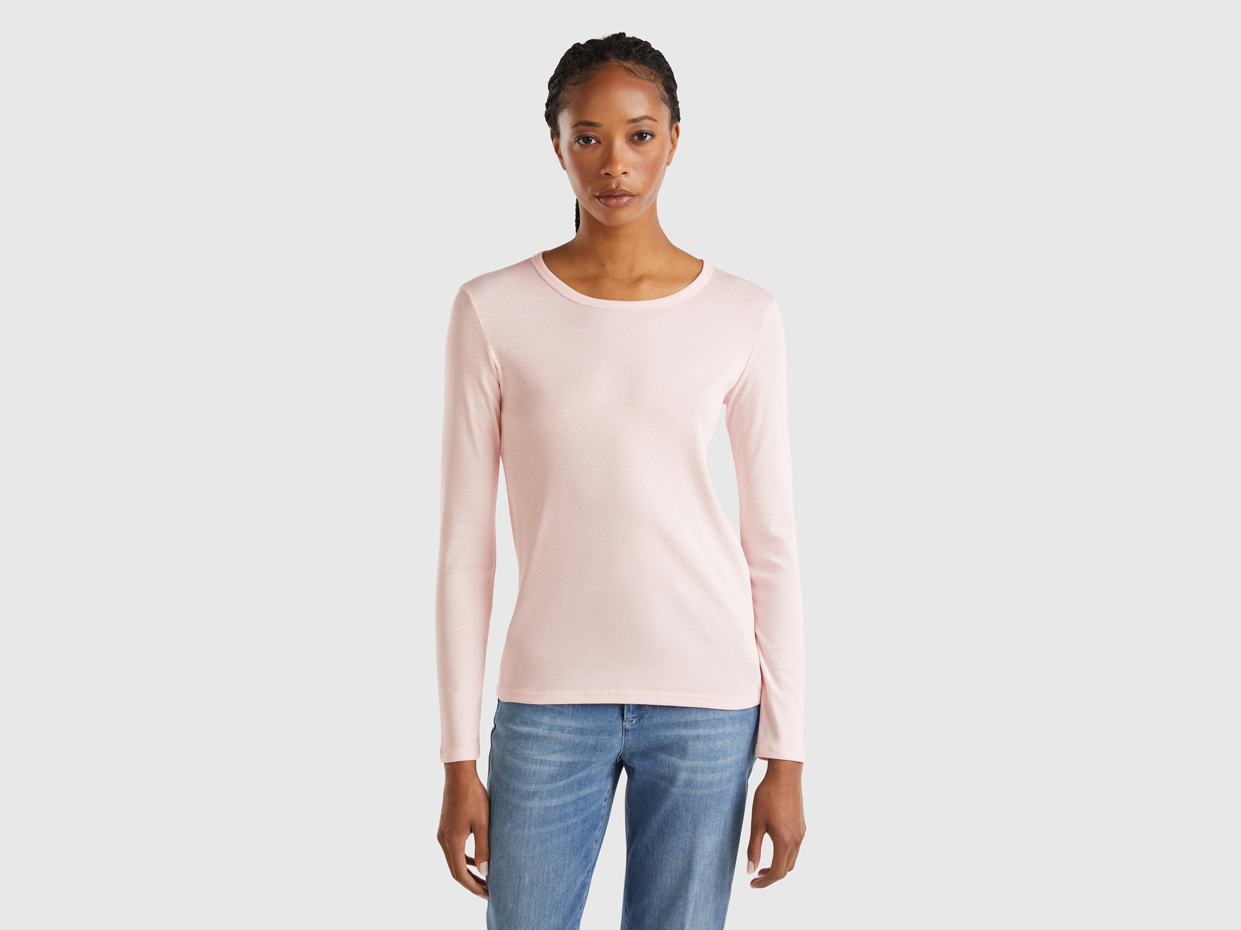 Benetton, T-shirt A Manica Lunga In Puro Cotone, Rosa Pastello, Donna