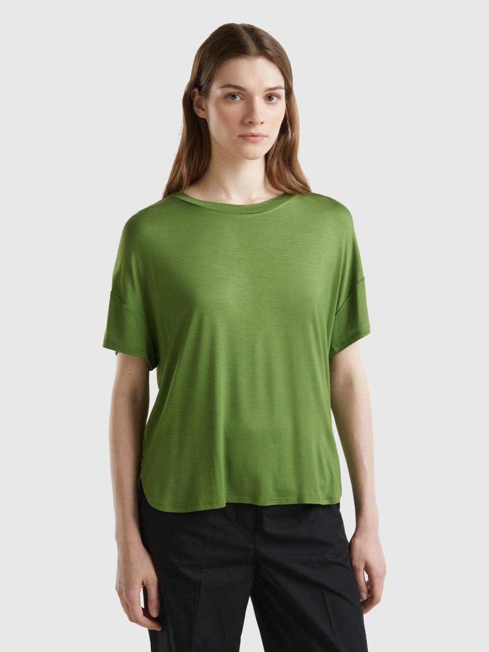 Benetton, T-shirt En Viscose Durable Stretch, Kaki, Femme