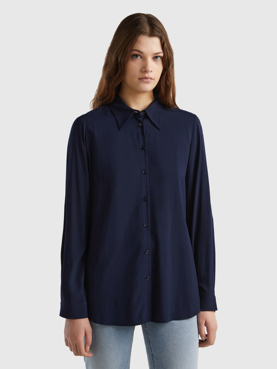 Benetton, Regular Fit Shirt In Sustainable Viscose, Dark Blue, Women