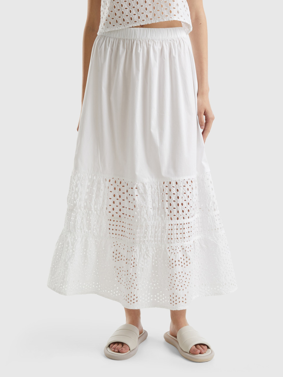 Benetton, Skirt With Broderie Anglaise, White, Women