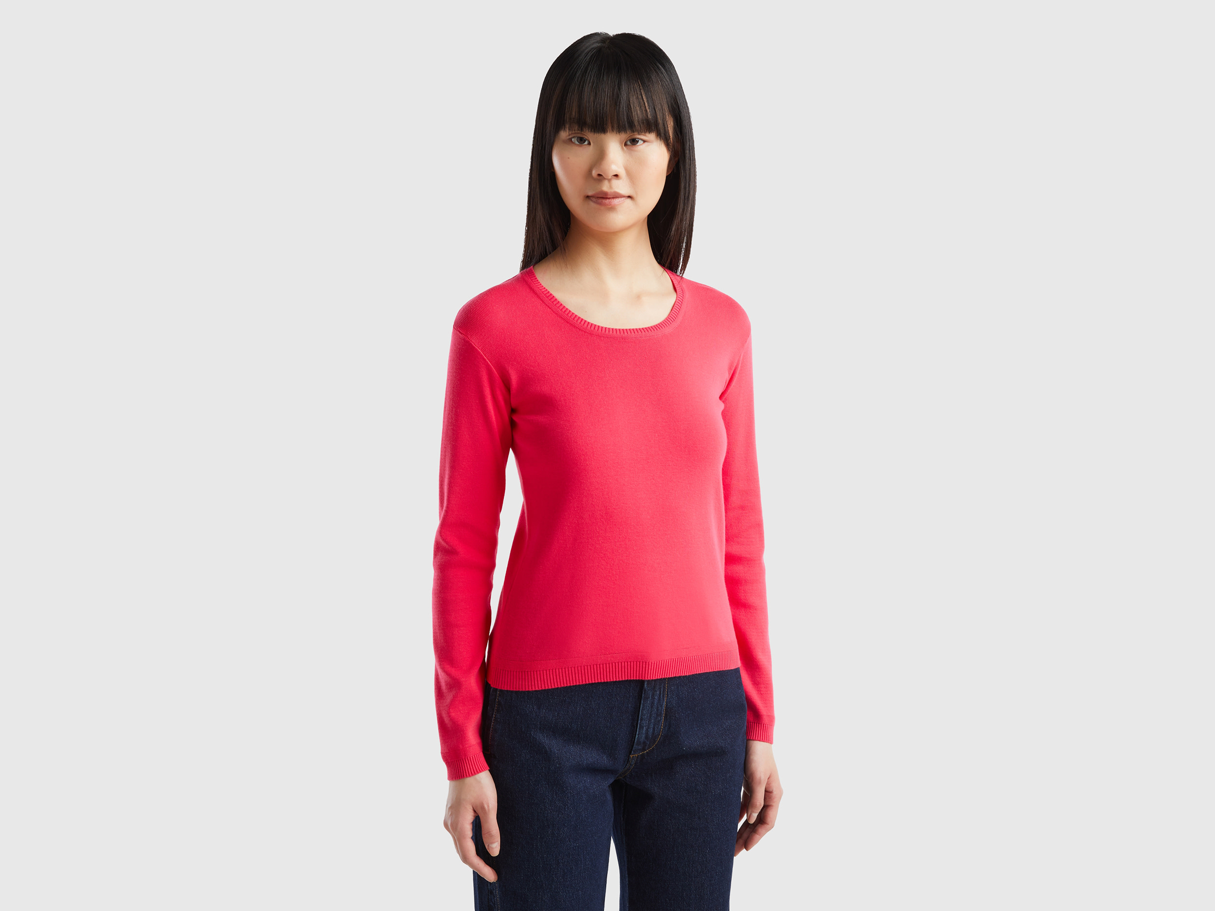 Benetton, Maglia Girocollo In Puro Cotone, Fucsia, Donna