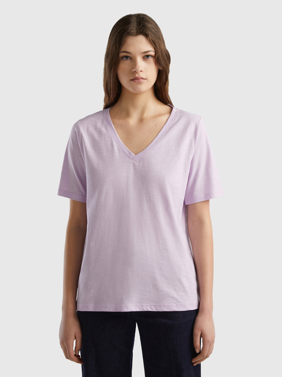 Benetton, V-neck T-shirt In Slub Cotton, Lilac, Women
