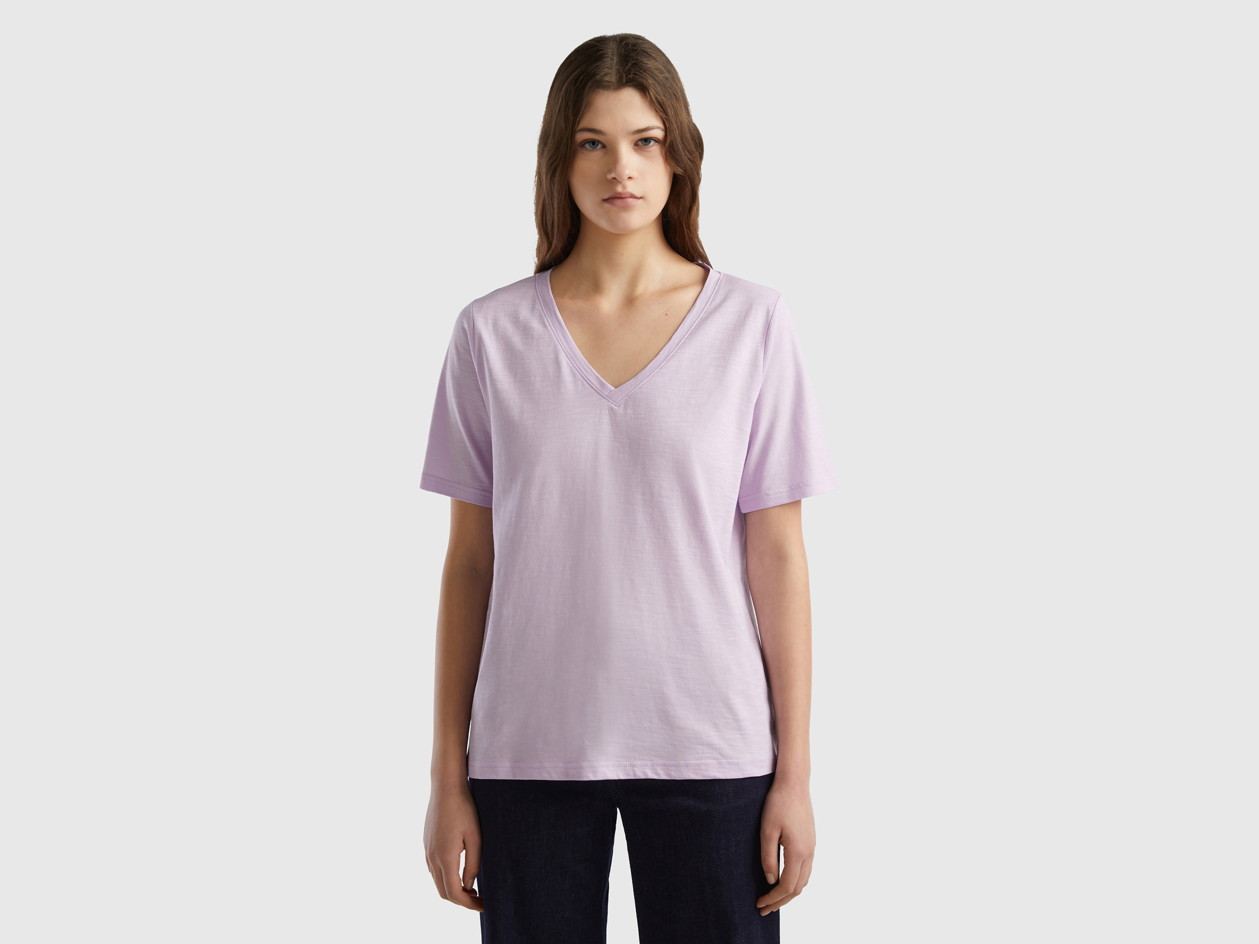 Benetton, V-neck T-shirt In Slub Cotton, size XXS, Lilac, Women