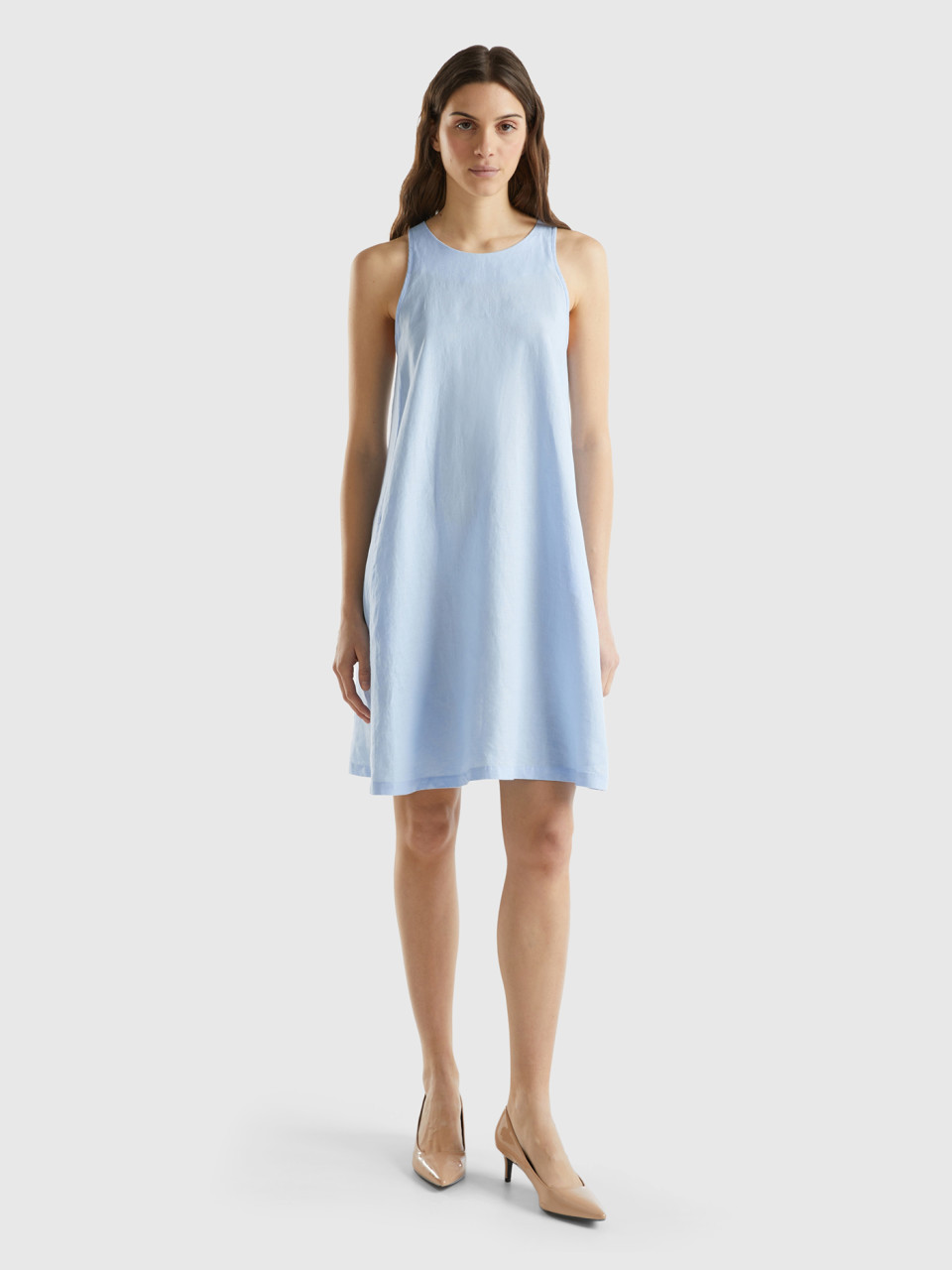 Benetton, Sleeveless Dress In Pure Linen, Sky Blue, Women