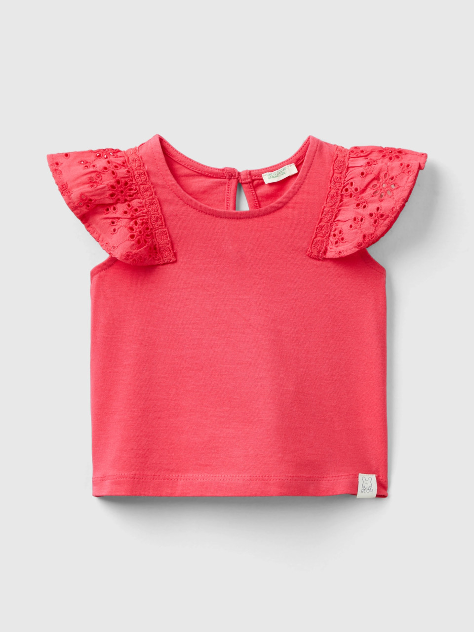 Benetton, T-shirt With Broderie Anglaise, Fuchsia, Kids