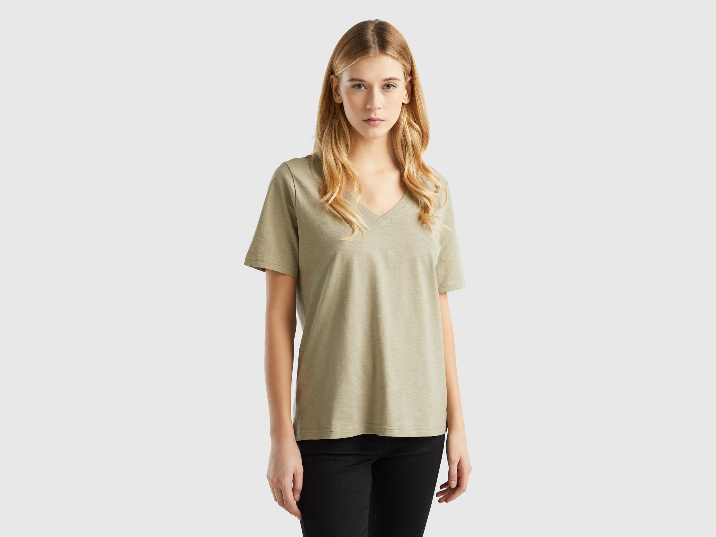 Benetton, V-neck T-shirt In Slub Cotton, size XXS, Light Green, Women