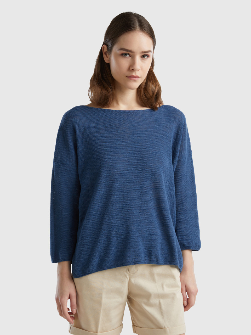 Benetton, Sweater In Linen Blend With 3/4 Sleeves, Air Force Blue, Women