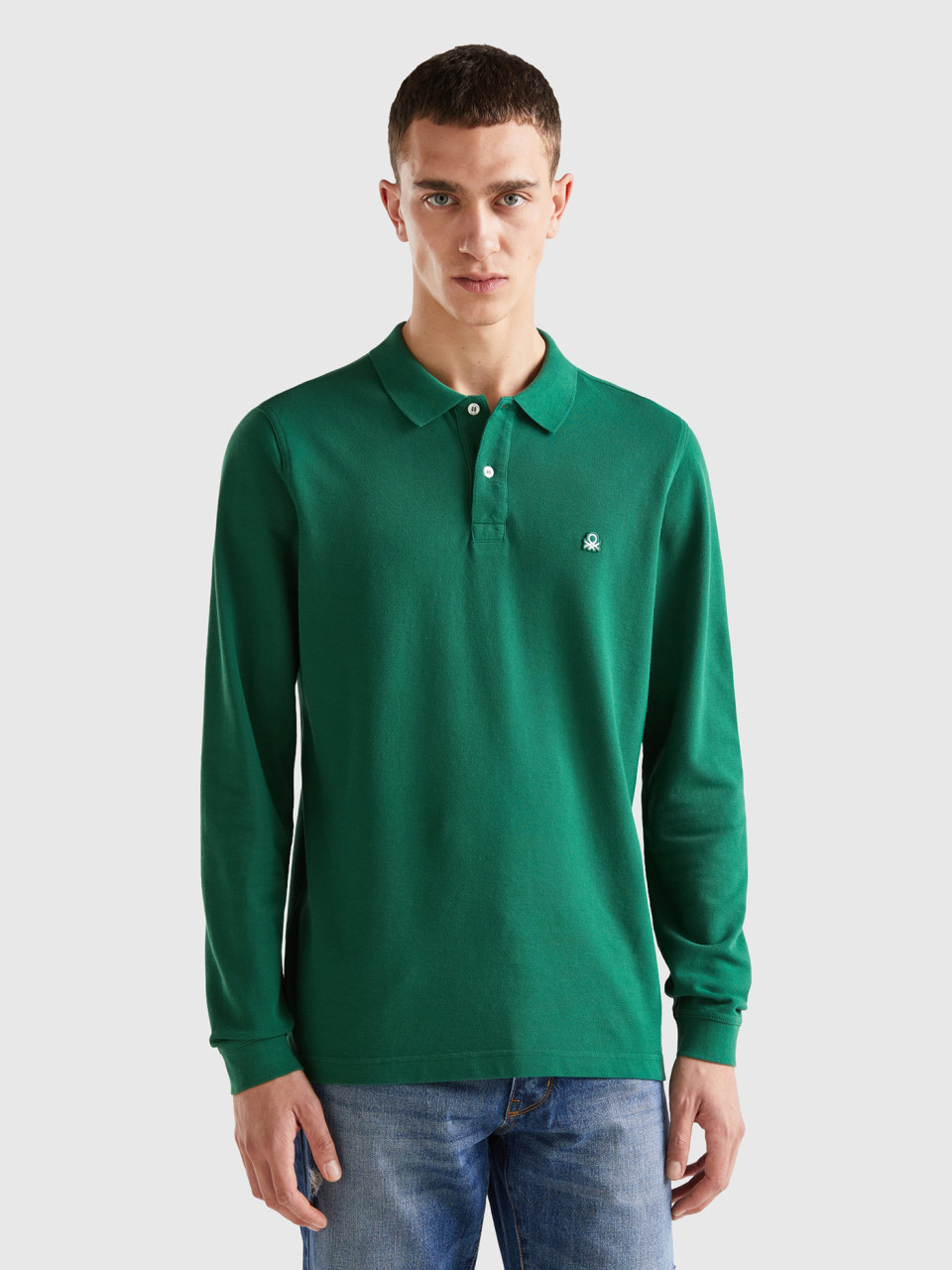 Benetton, Long Sleeve 100% Cotton Polo, Dark Green, Men