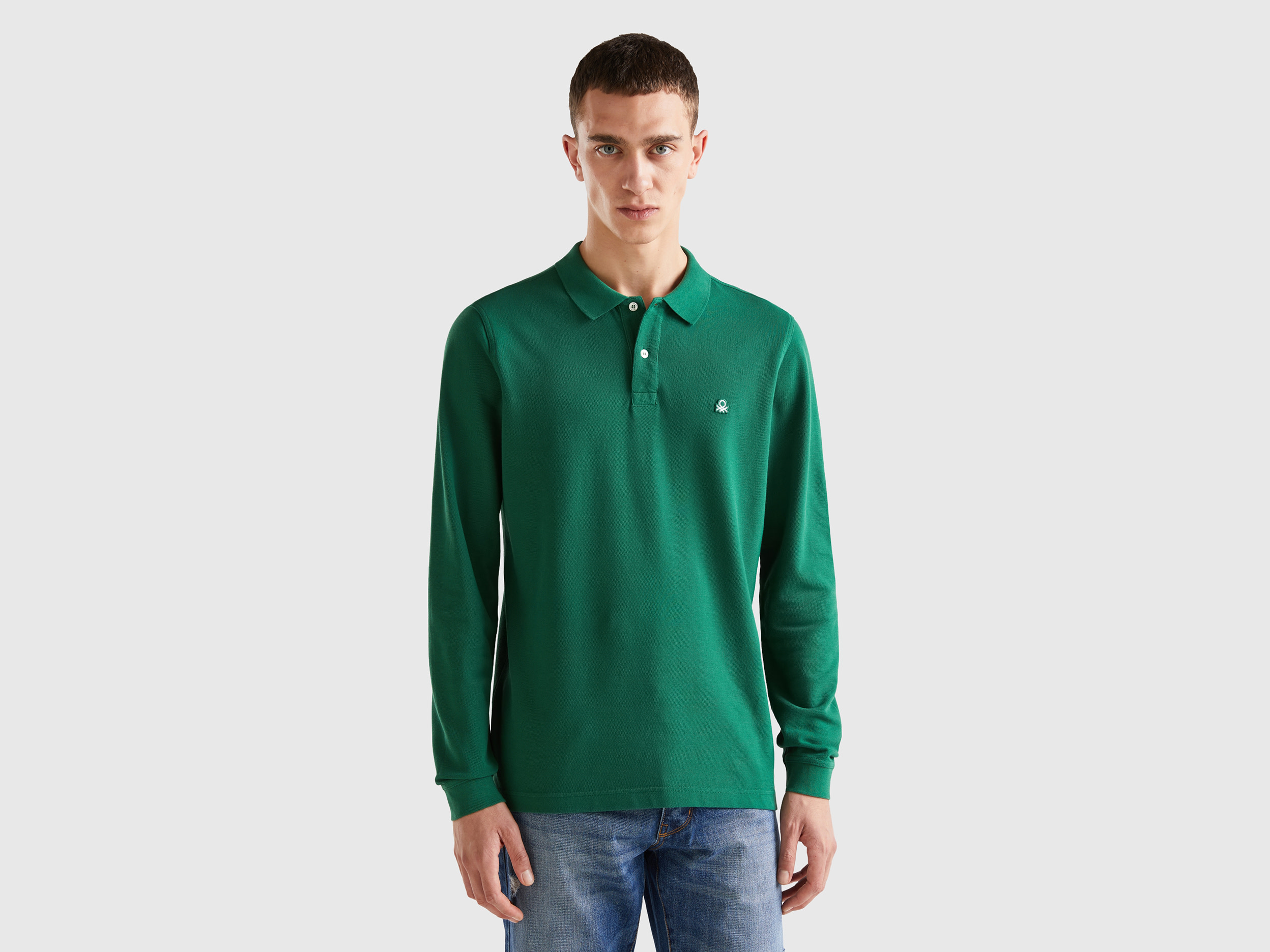 Benetton, Long Sleeve 100% Cotton Polo, size L, Dark Green, Men