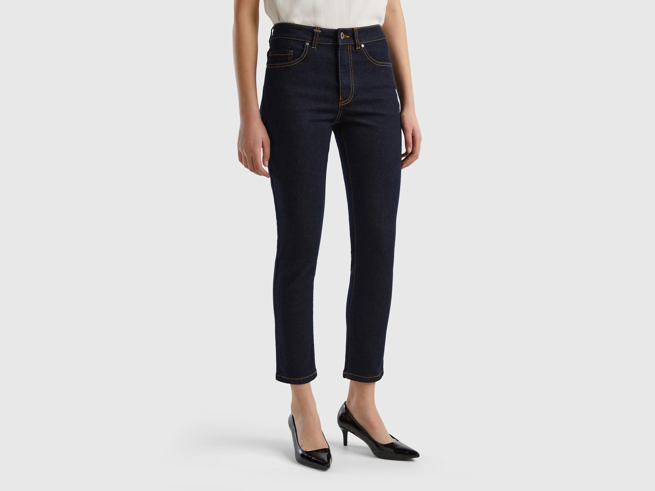 Image of Benetton, Slim Fit High-waisted Jeans, size 31, Dark Blue, Women