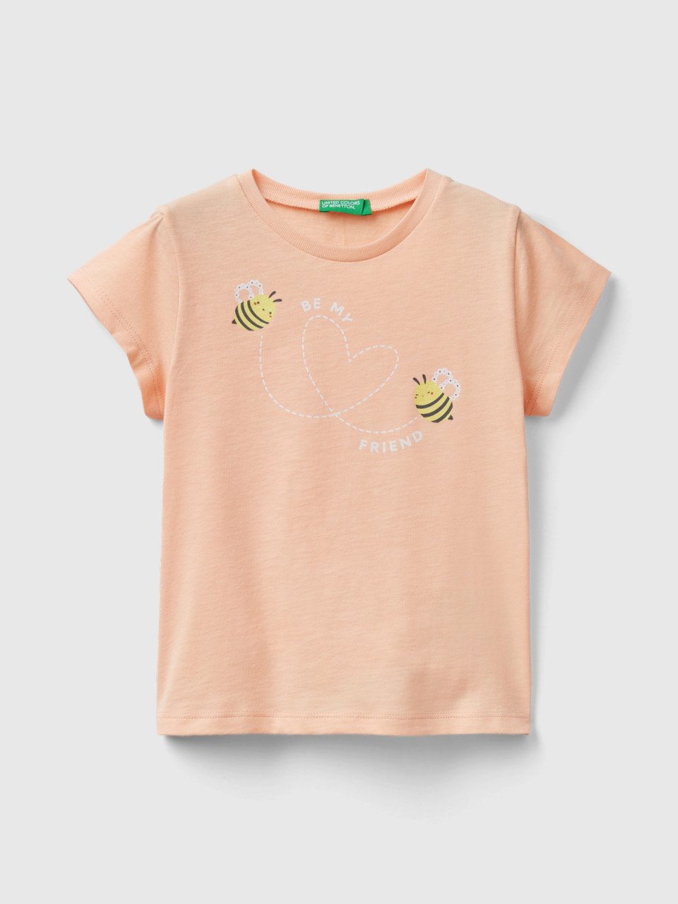 Benetton, Camiseta De Algodón Orgánico Con Glitter, Salmón, Niños