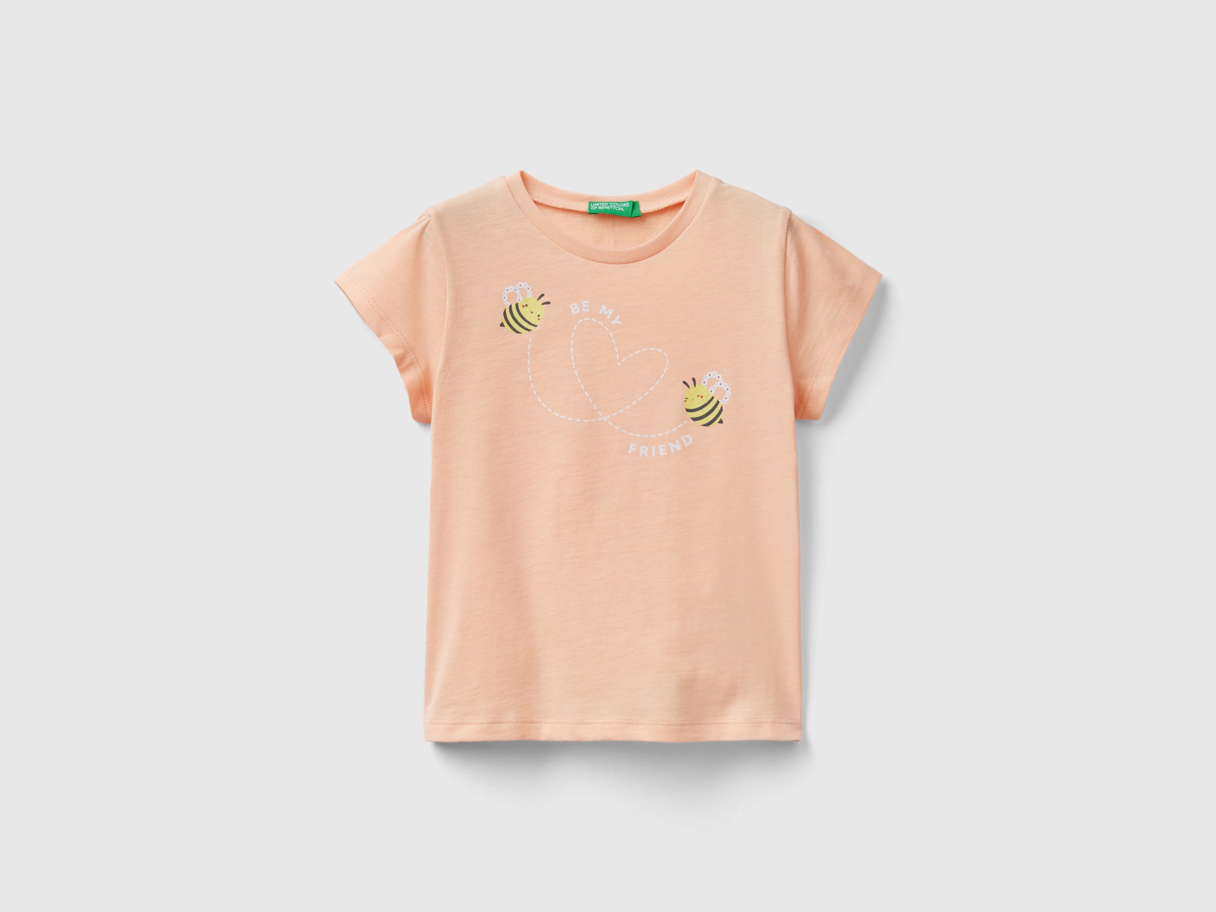 Image of Benetton, T-shirt In Organic Cotton With Glitter, size 98, Peach, Kids