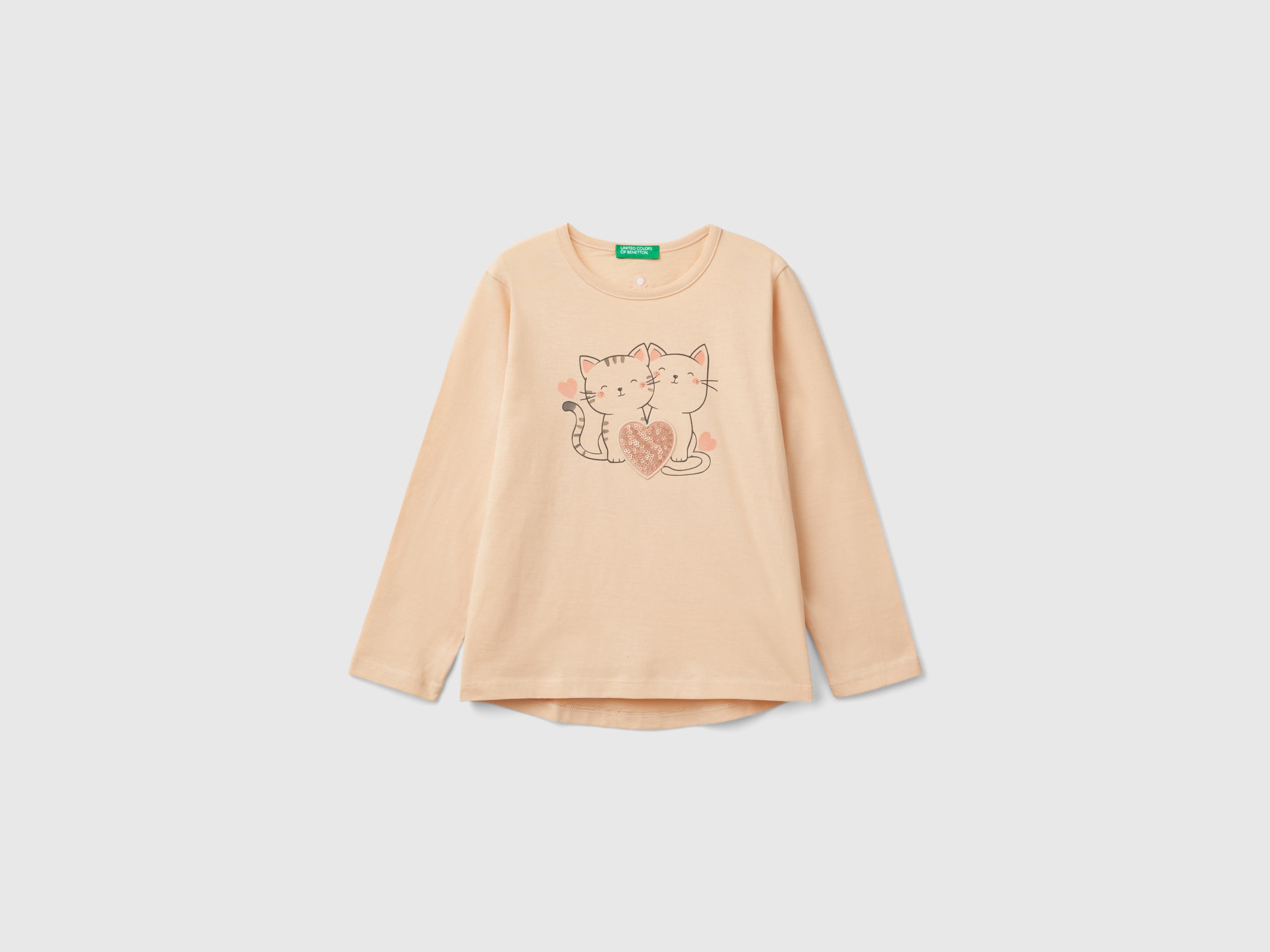 Benetton, T-shirt Con Stampa E Paillettes, Rosa Tenue, Bambini