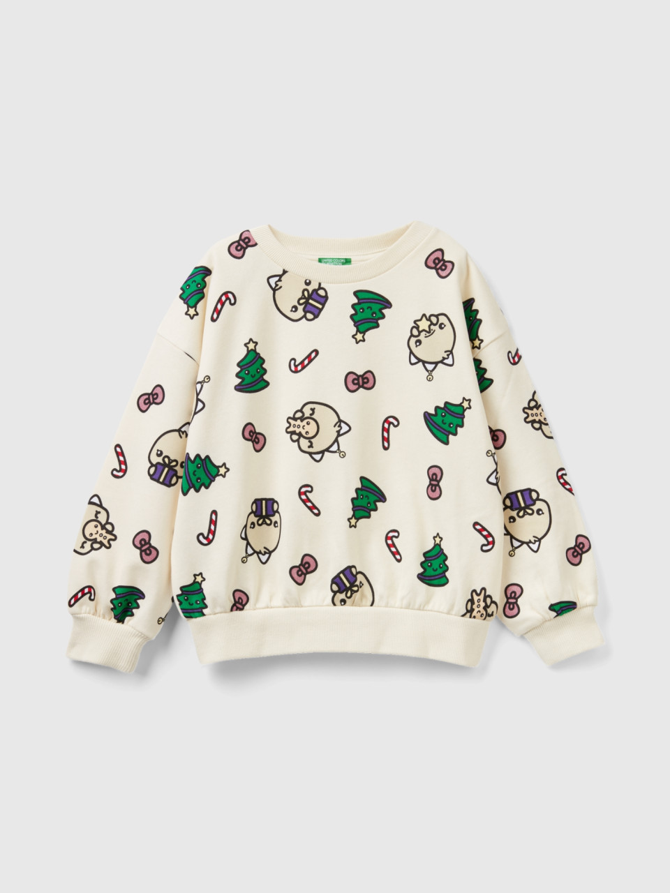 Benetton, Warm Oversized Fit Christmas Sweatshirt, Beige, Kids