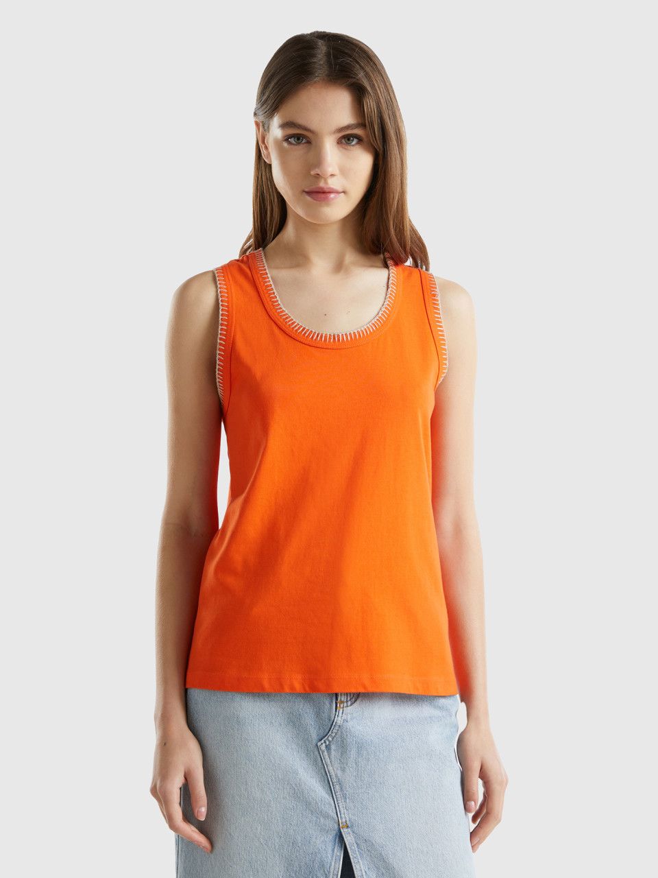Benetton, Camiseta De Tirantes De Algodón Con Cuello Redondo, Naranja, Mujer