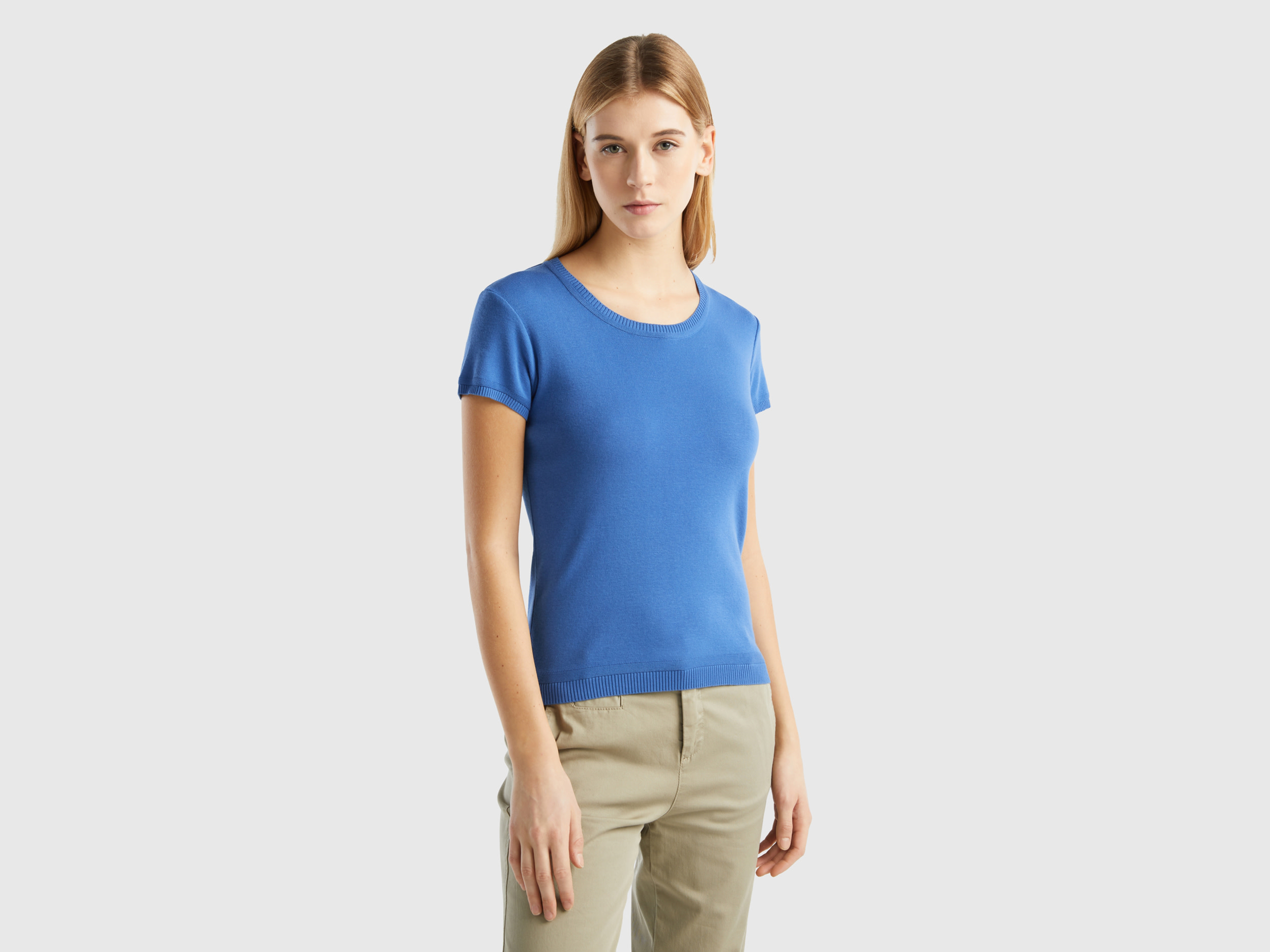 Benetton, Short Sleeve Sweater In 100% Cotton, size L, Blue, Women