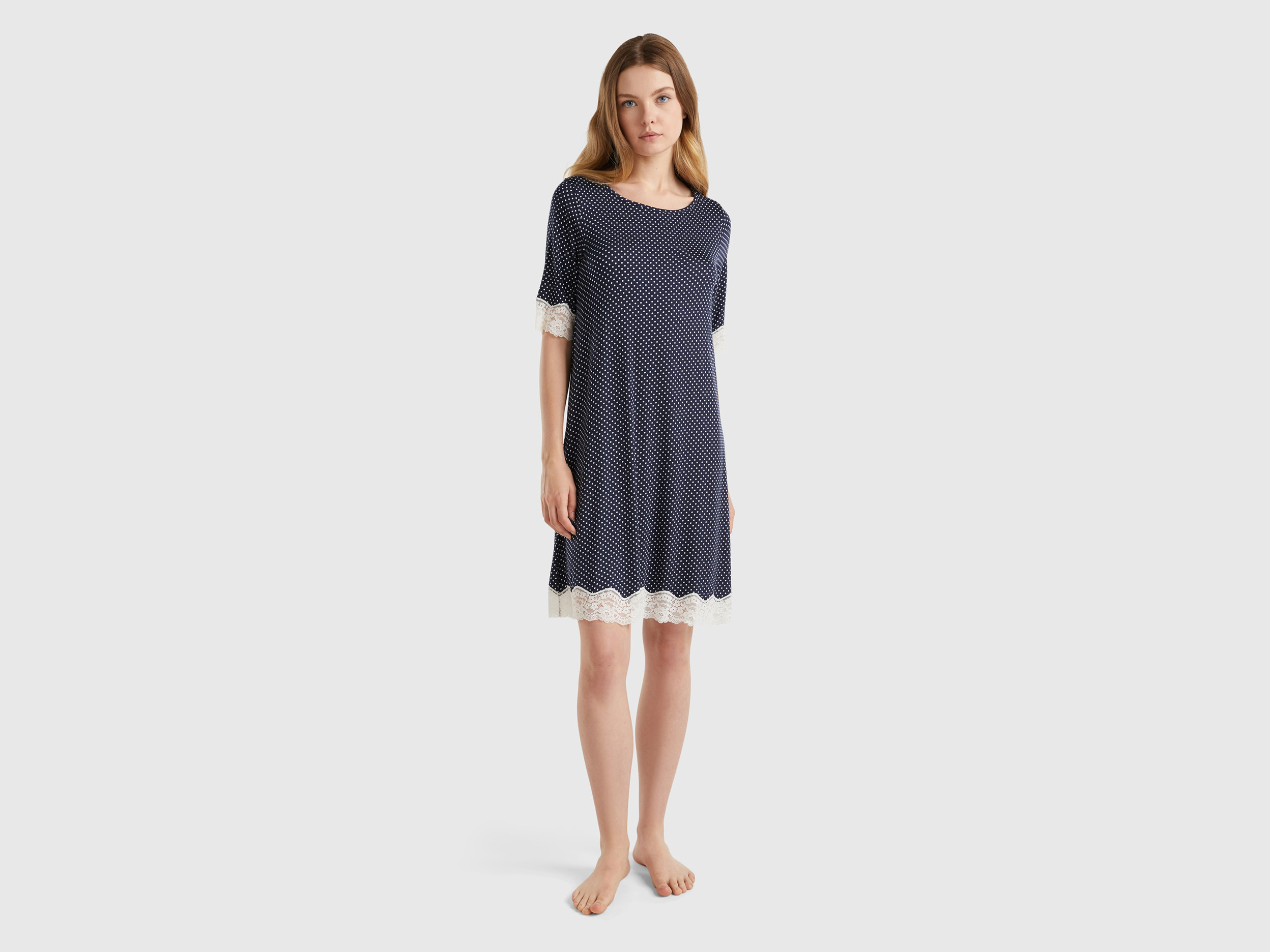 Benetton, Camicia Da Notte A Pois, Blu, Donna