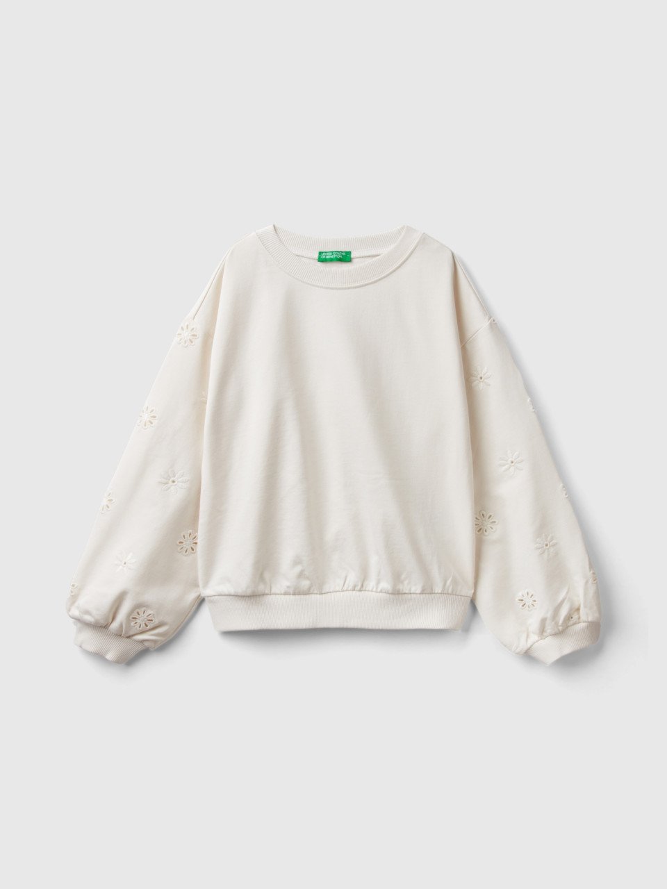 Benetton, Sweatshirt With Embroidered Flowers, Creamy White, Kids
