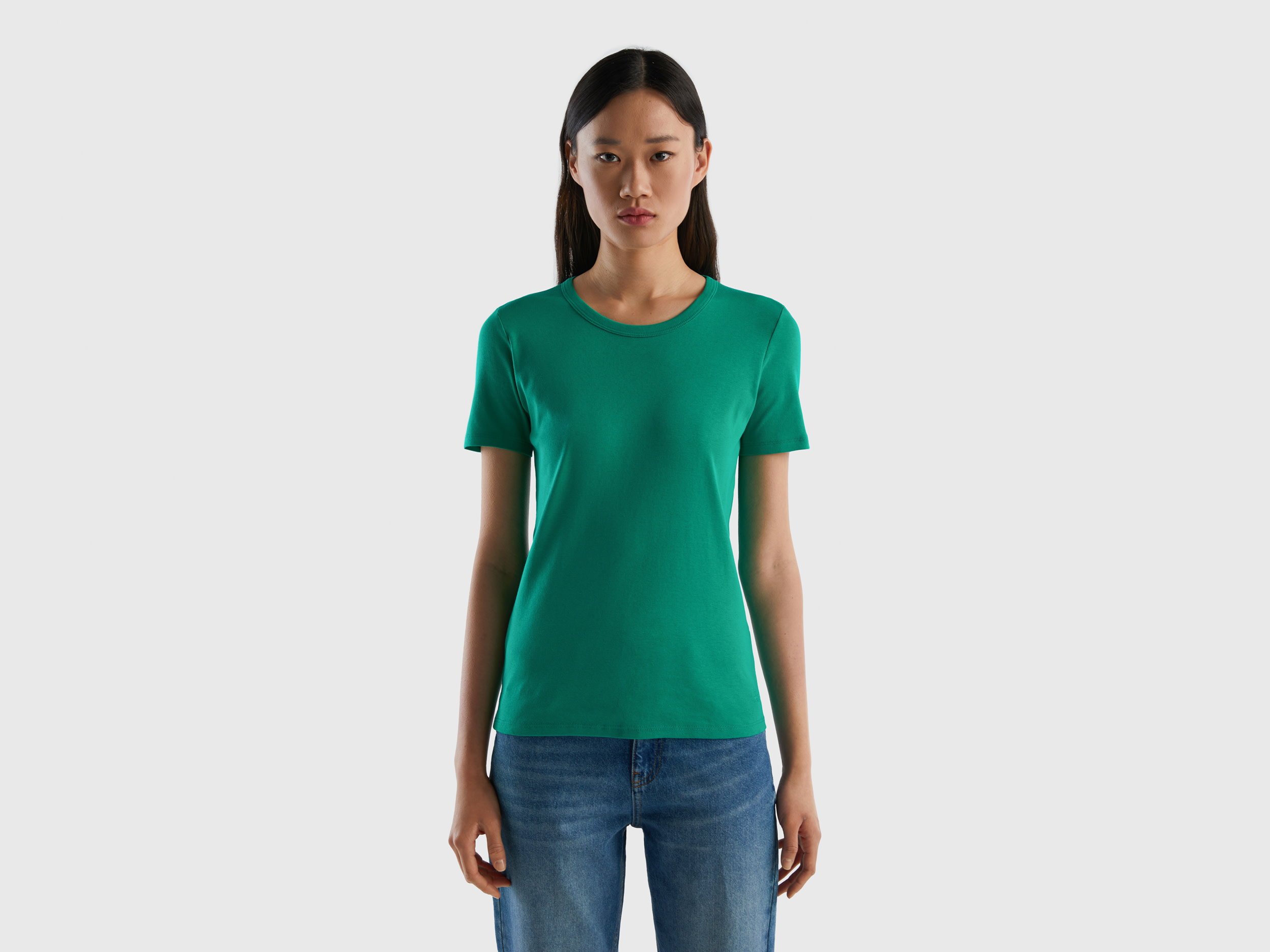 Benetton, T shirt In Cotone A Fibra Lunga, Verde, Donna Benetton, T shirt In Cotone A Fibra Lunga, Verde, Donna