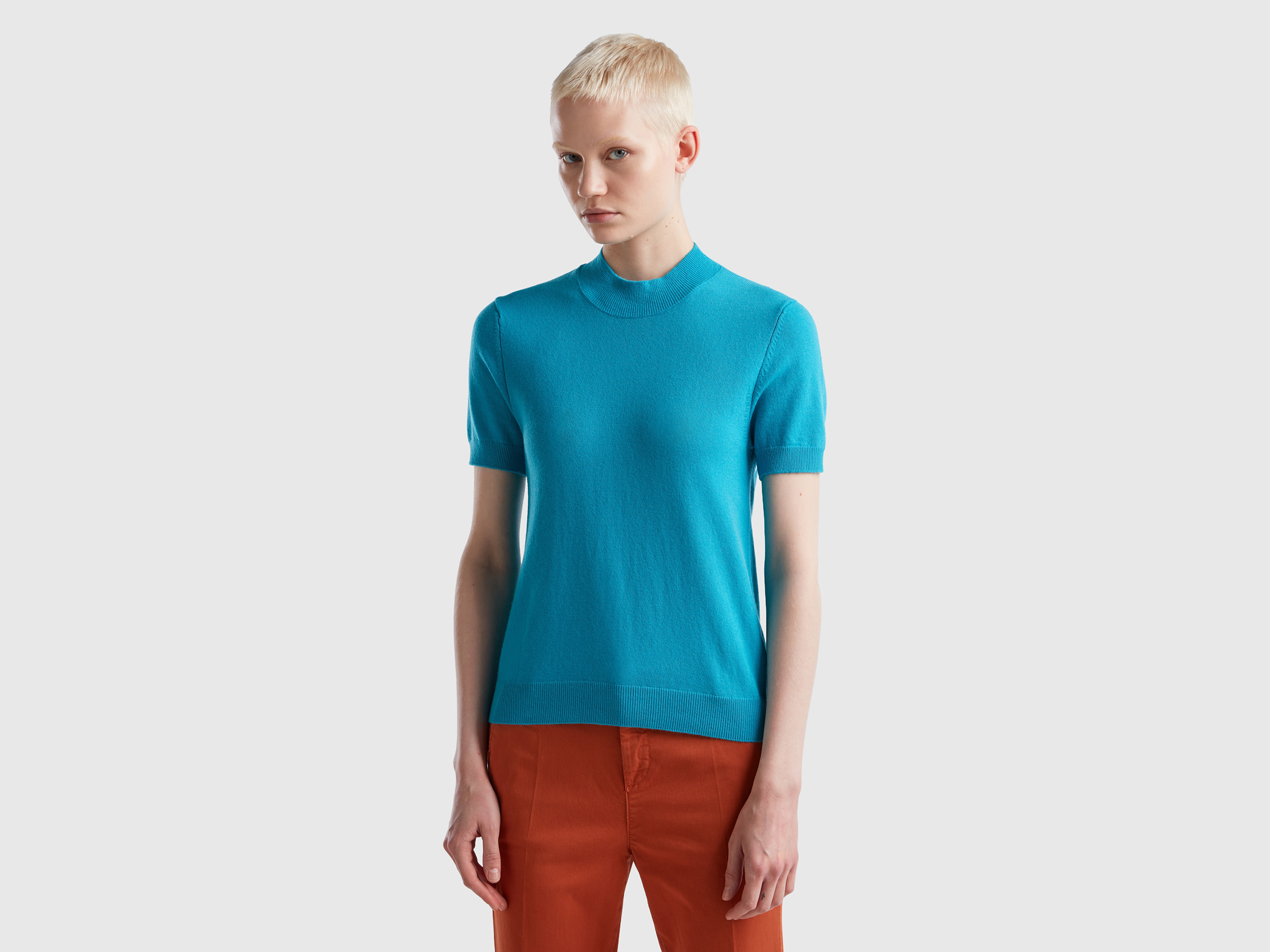Benetton, Light Blue Short Sleeve Sweater In Cashmere Blend, size XL, Light Blue, Women