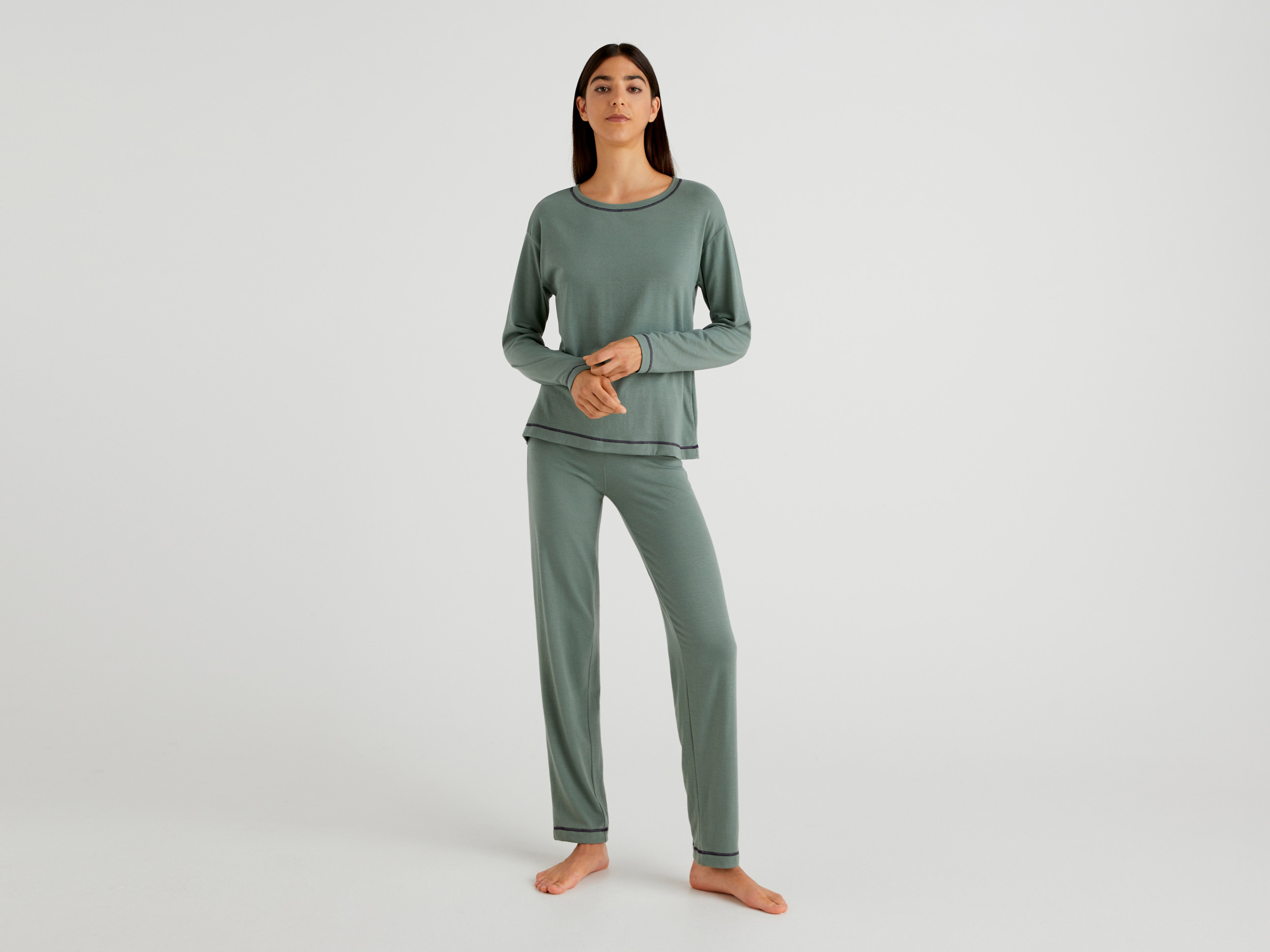 Benetton, Pyjama En Coton Mélangé Stretch, taille XS, Kaki, Femme