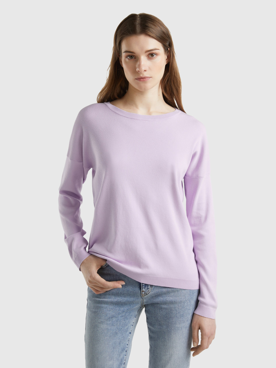 Benetton, Cotton Sweater With Round Neck, Lilac, Women