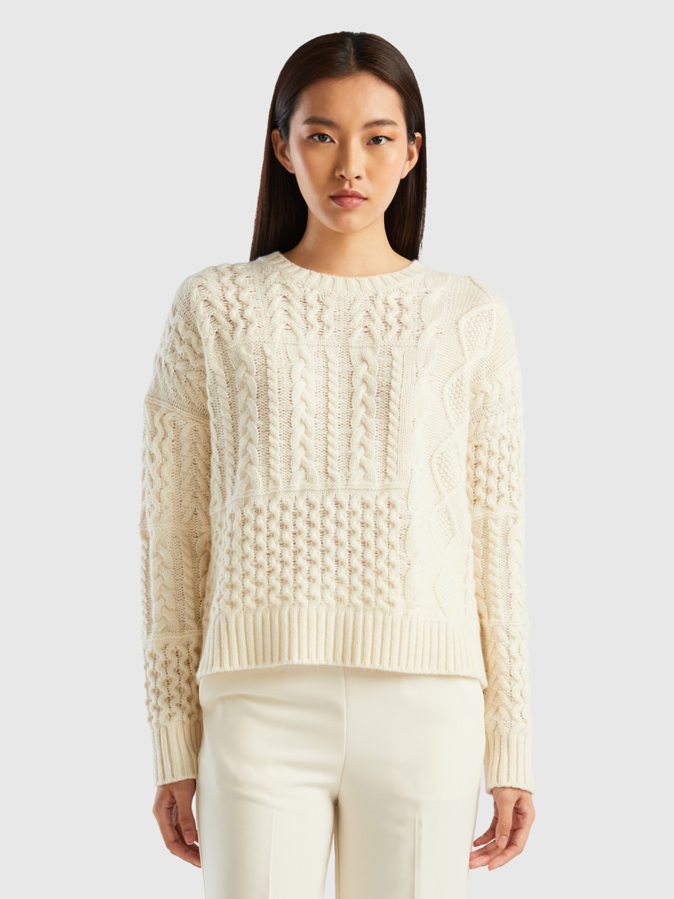 Benetton, Knit Patchwork Sweater, Creamy White, Women