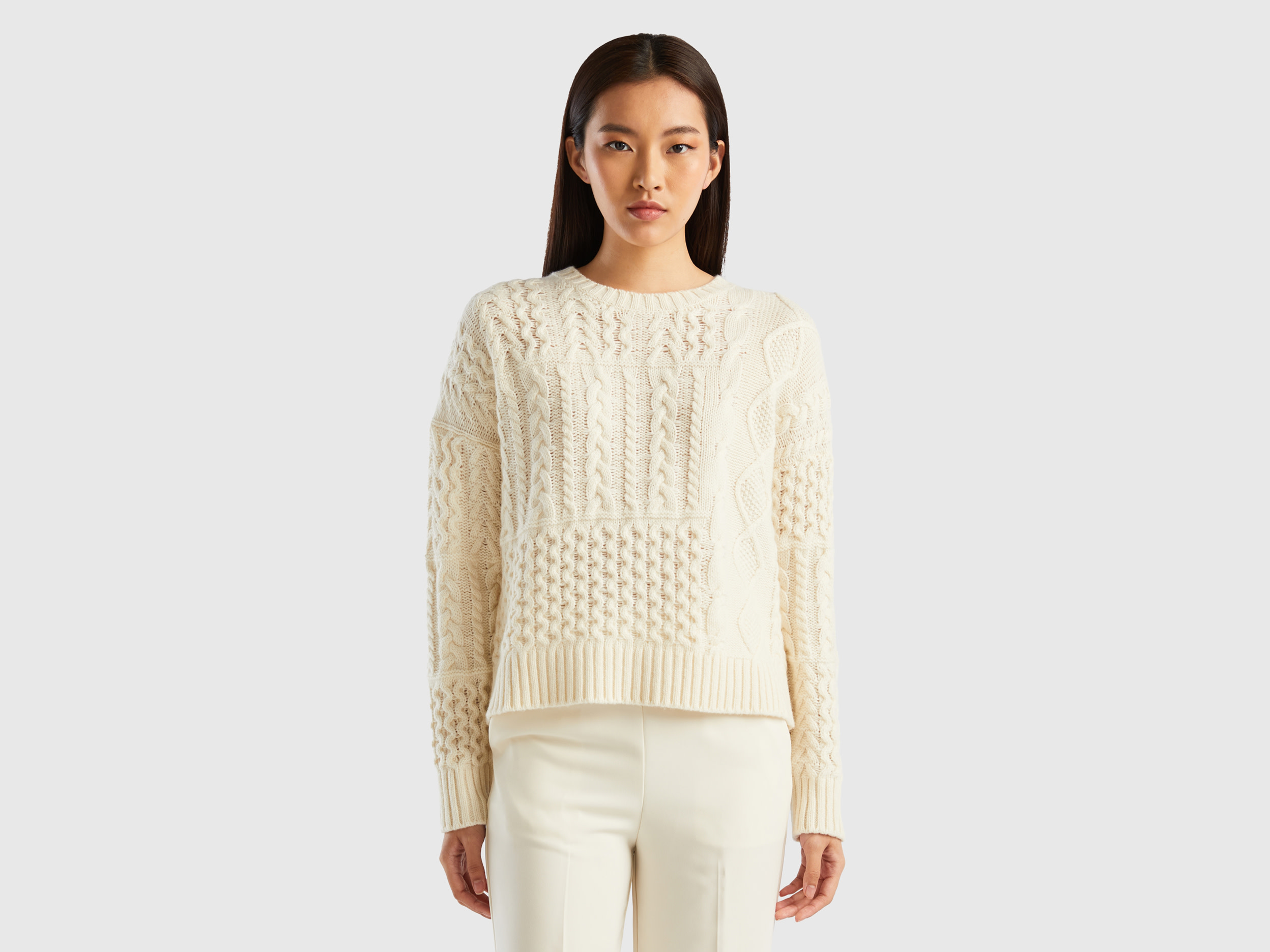 Benetton, Knit Patchwork Sweater, size M, Creamy White, Women