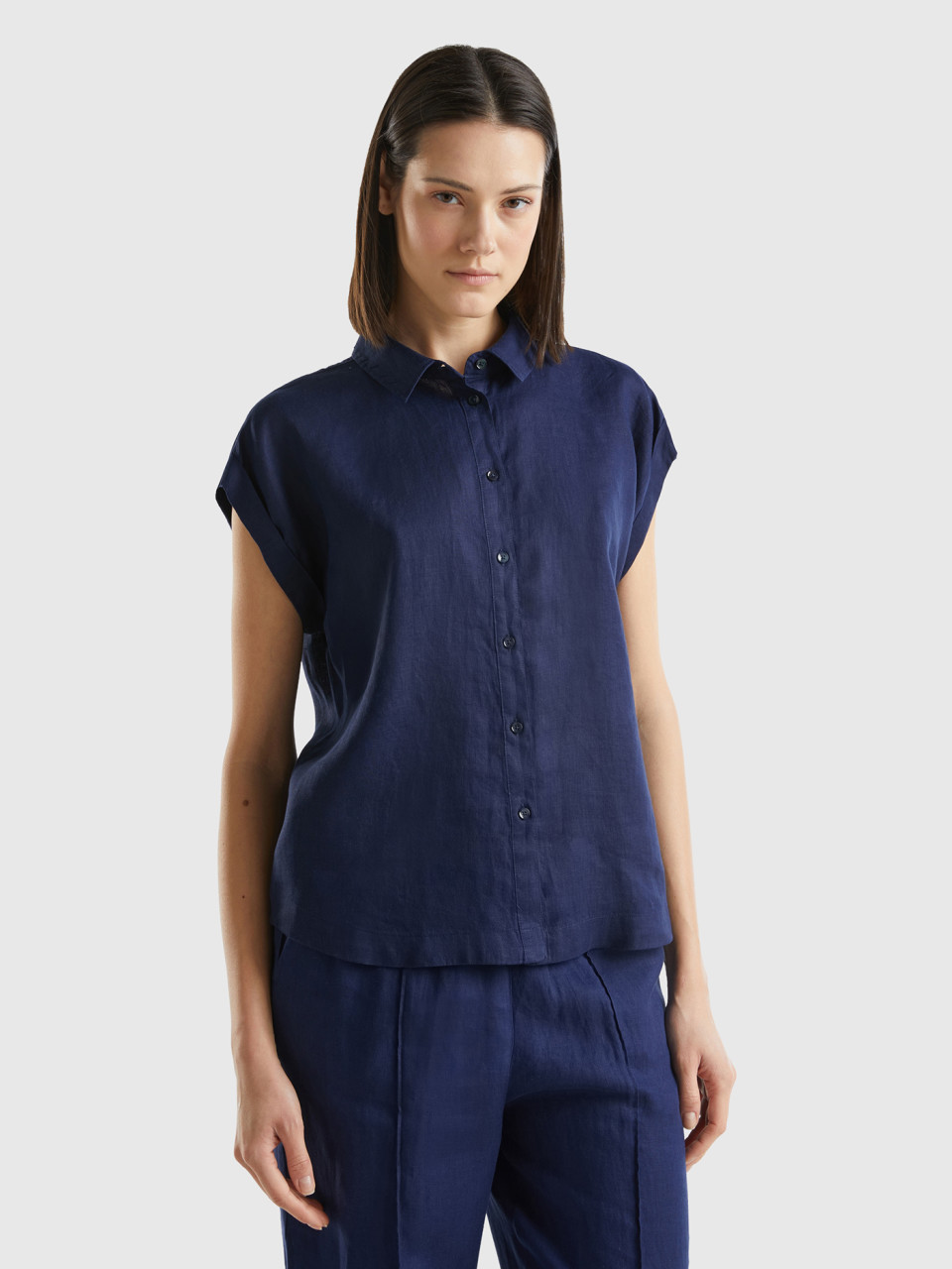 Benetton, Boxy Fit Shirt In Pure Linen, Dark Blue, Women