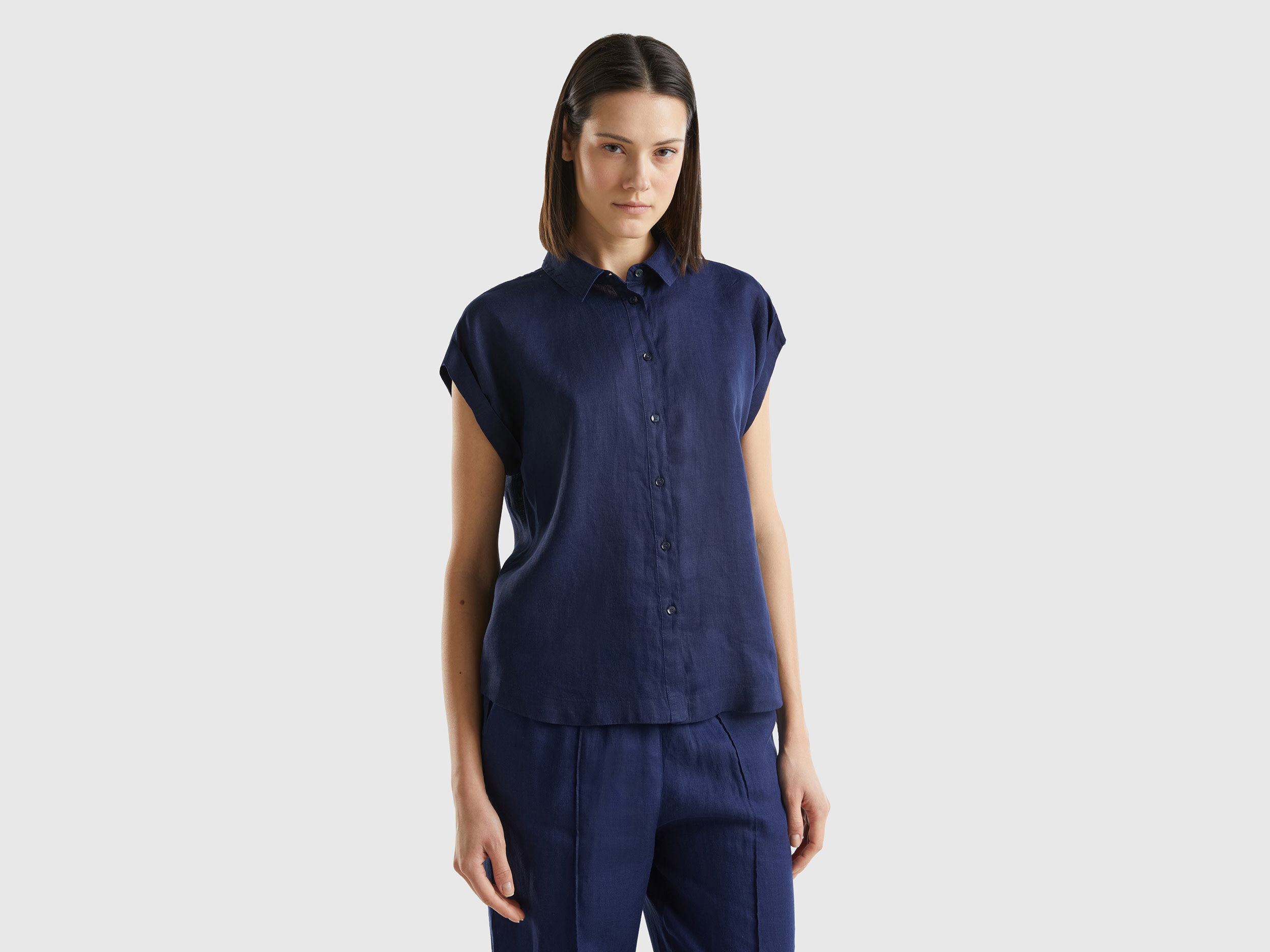 Benetton, Camicia Boxy Fit In Puro Lino, Blu Scuro, Donna