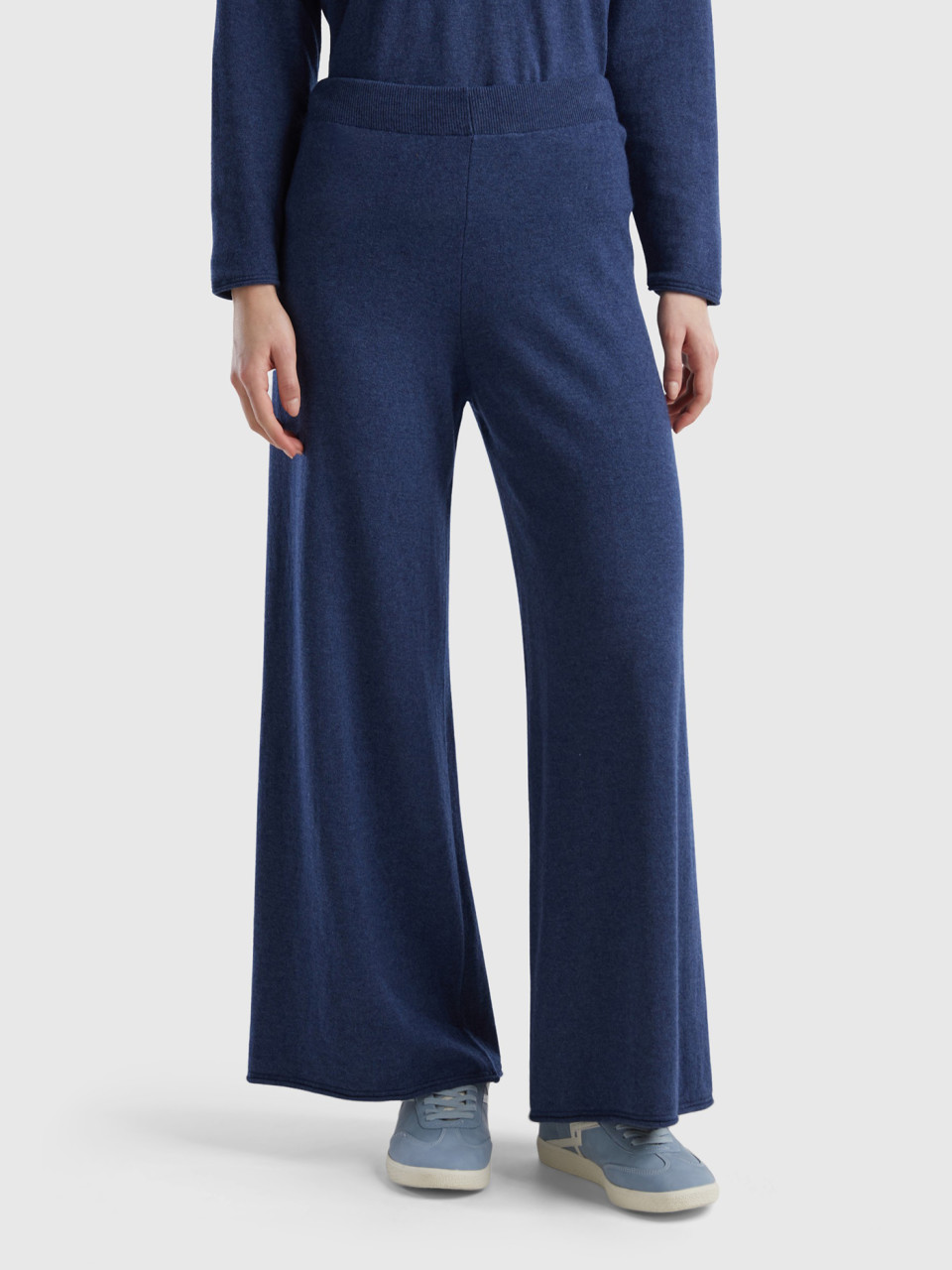 Benetton, Air Force Blue Wide Trousers In Cashmere And Wool Blend, Air Force Blue, Women