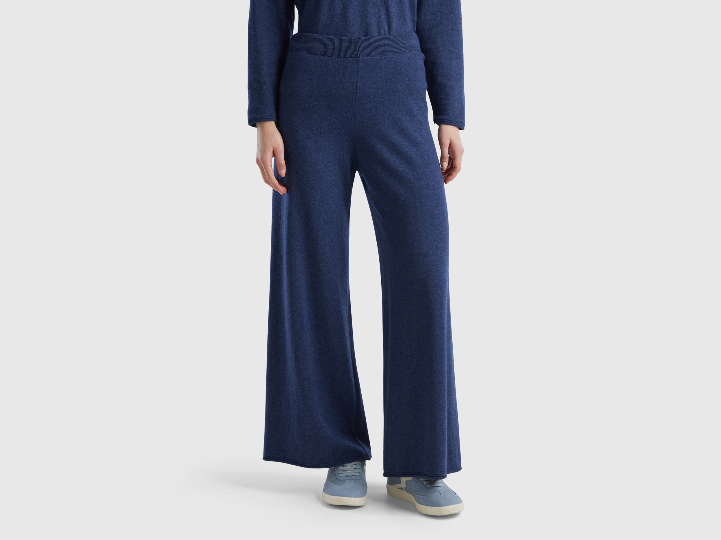 Benetton, Pantaloni Ampi Blu Avio In Misto Lana E Cashmere, Avio, Donna