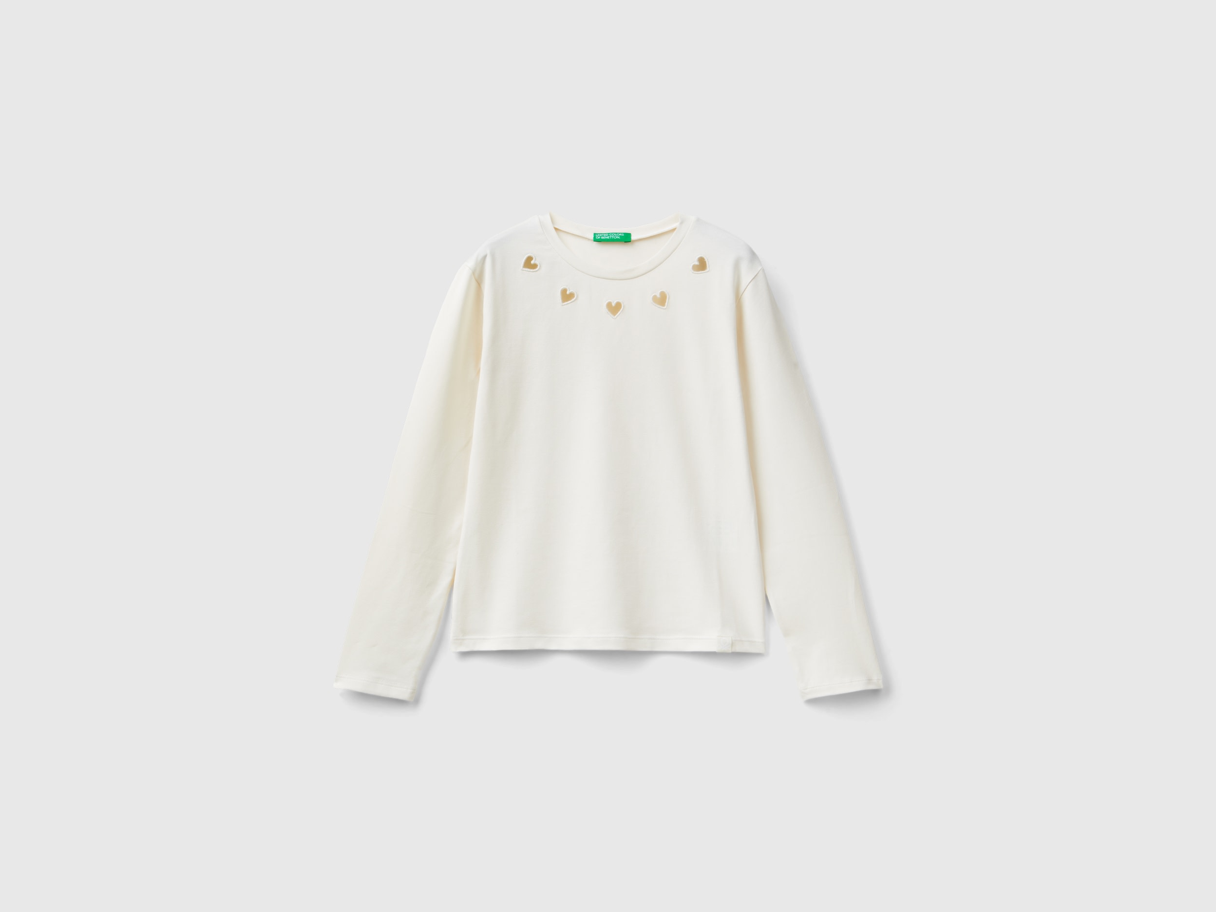 Benetton, T-shirt Con Cuori Cut Out, Bianco Panna, Bambini