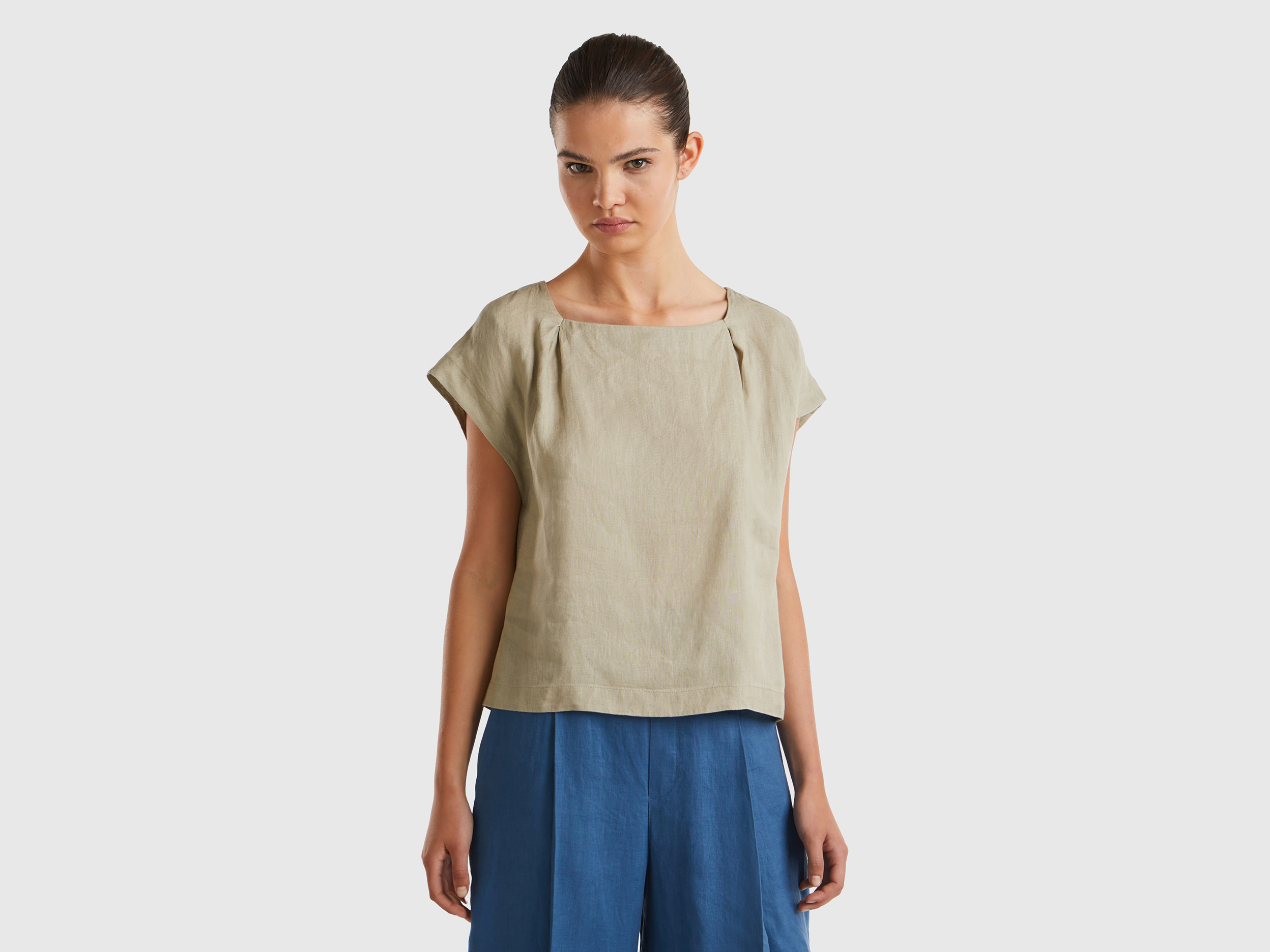 Benetton, Blusa Scollo Quadrato In Puro Lino, Verde Chiaro, Donna