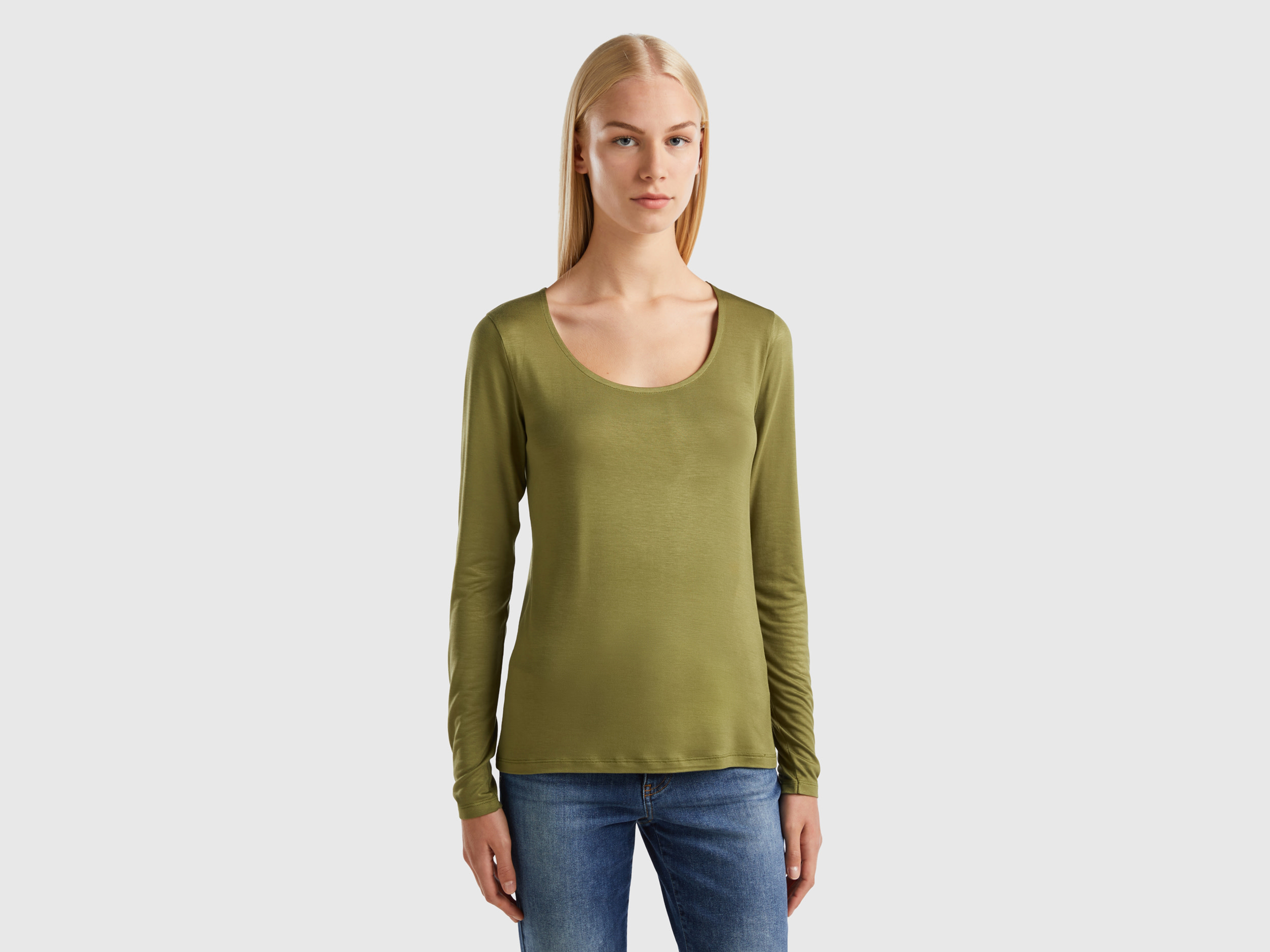 Benetton, T-shirt In Sustainable Stretch Viscose, size L, Military Green, Women