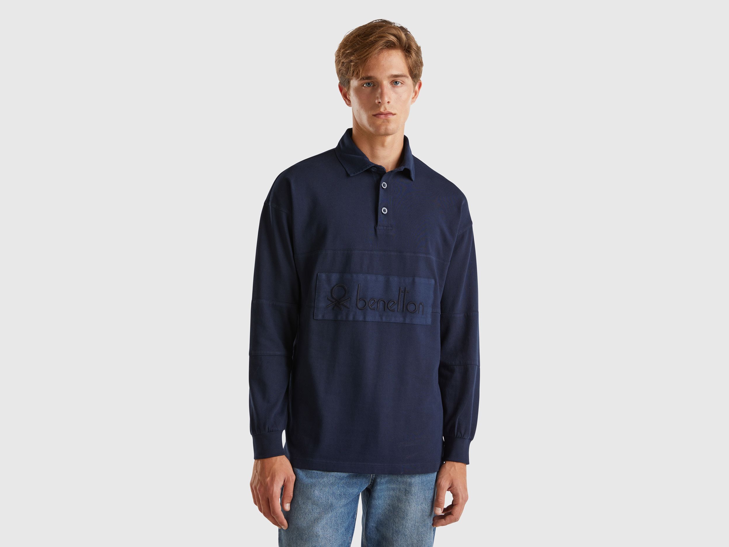 Benetton, Polo Rugby In Puro Cotone, Blu Scuro, Uomo