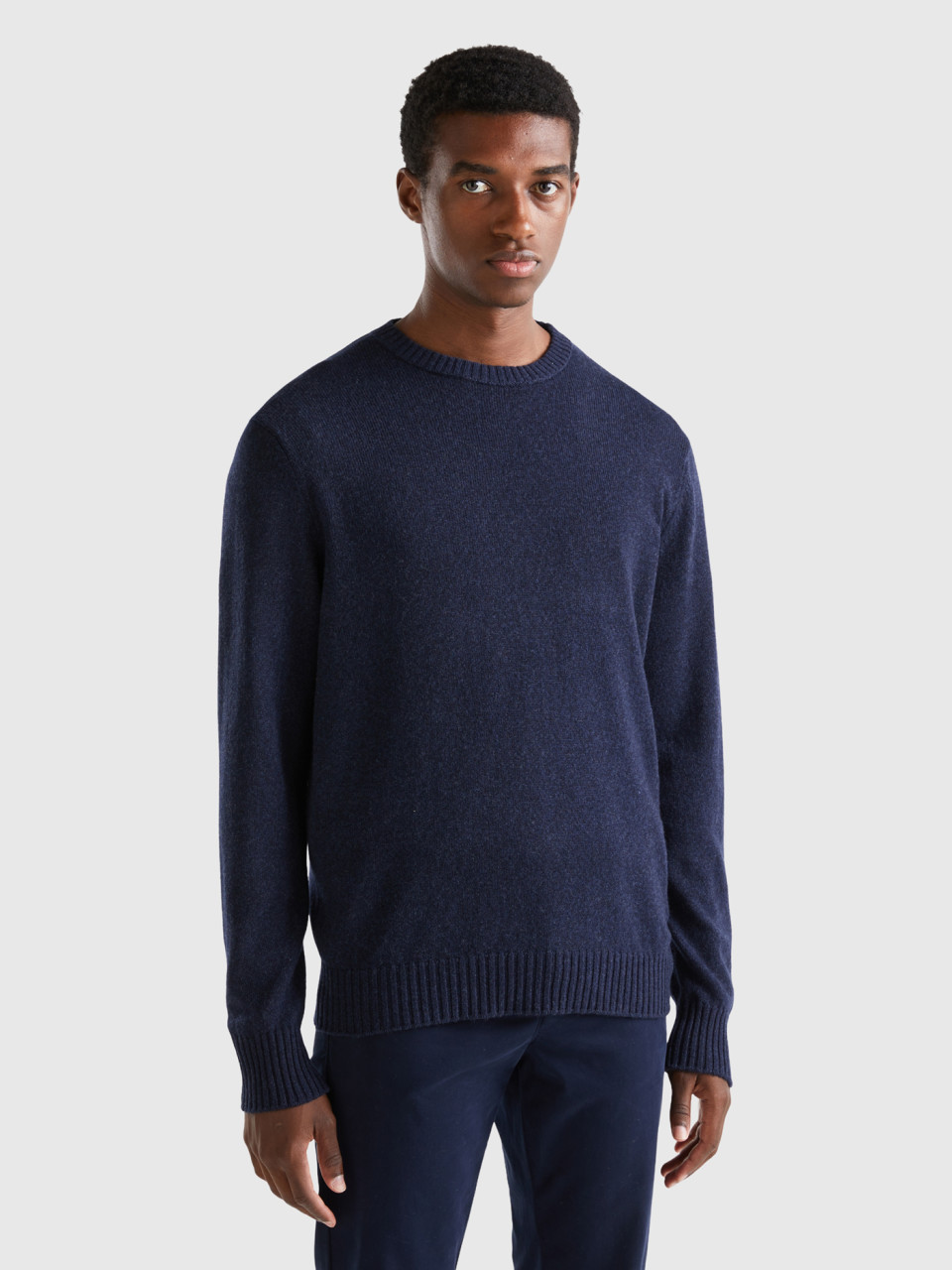 Benetton, Crew Neck Sweater In Cashmere And Wool Blend, Dark Blue, Men