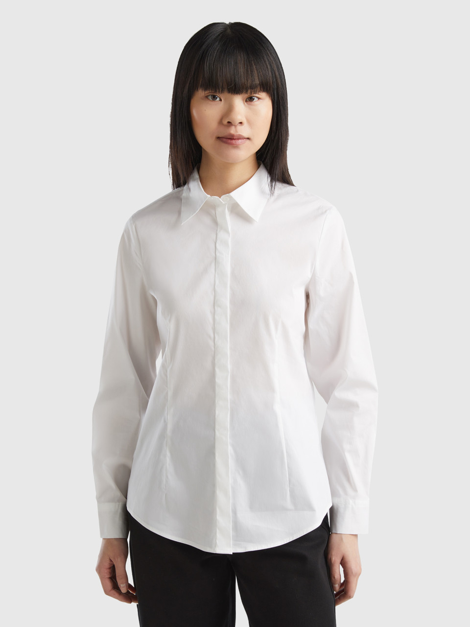 Benetton, Shirt In Stretch Cotton Blend, White, Women