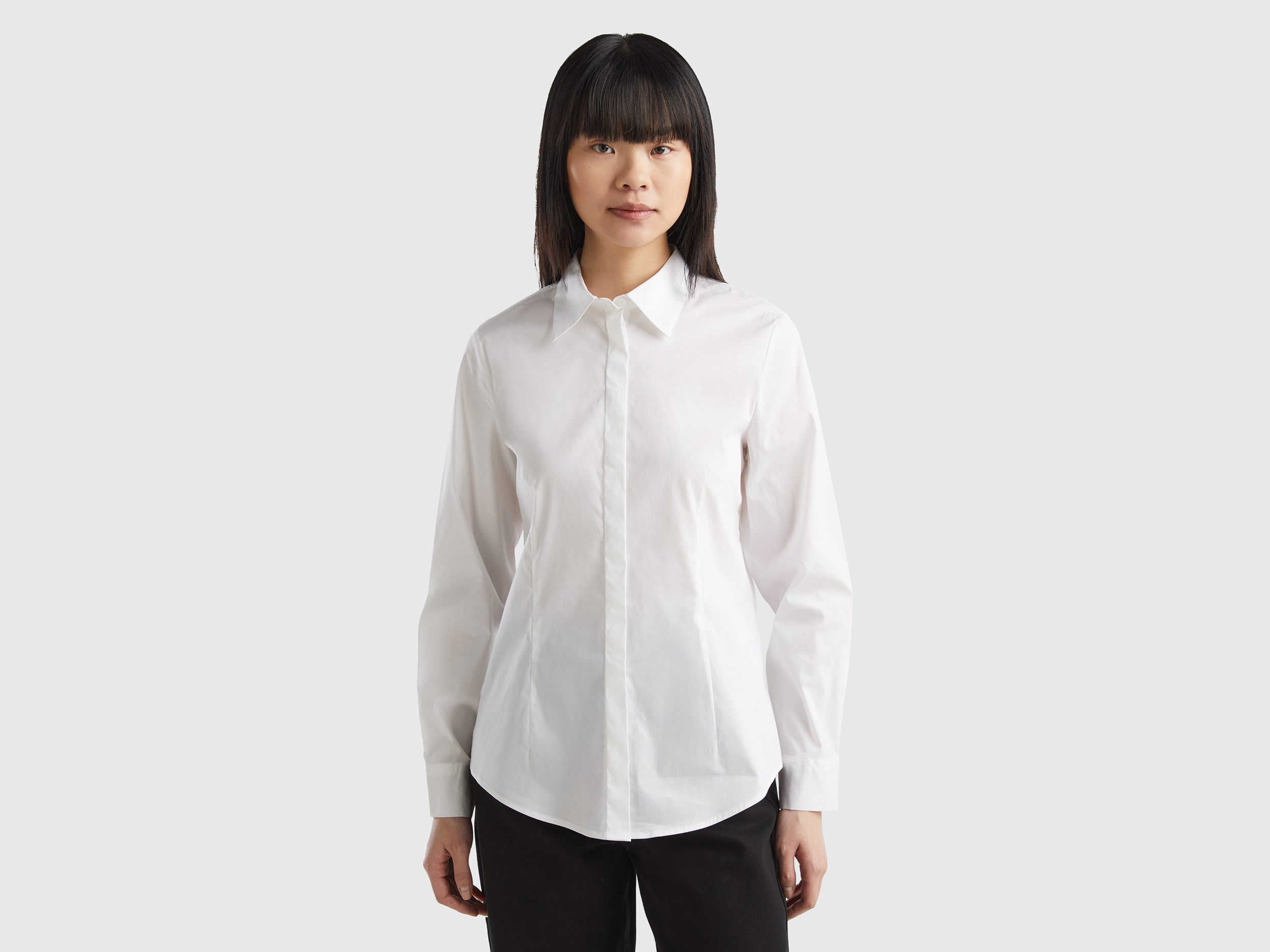 Benetton, Camicia In Misto Cotone Stretch, Bianco, Donna