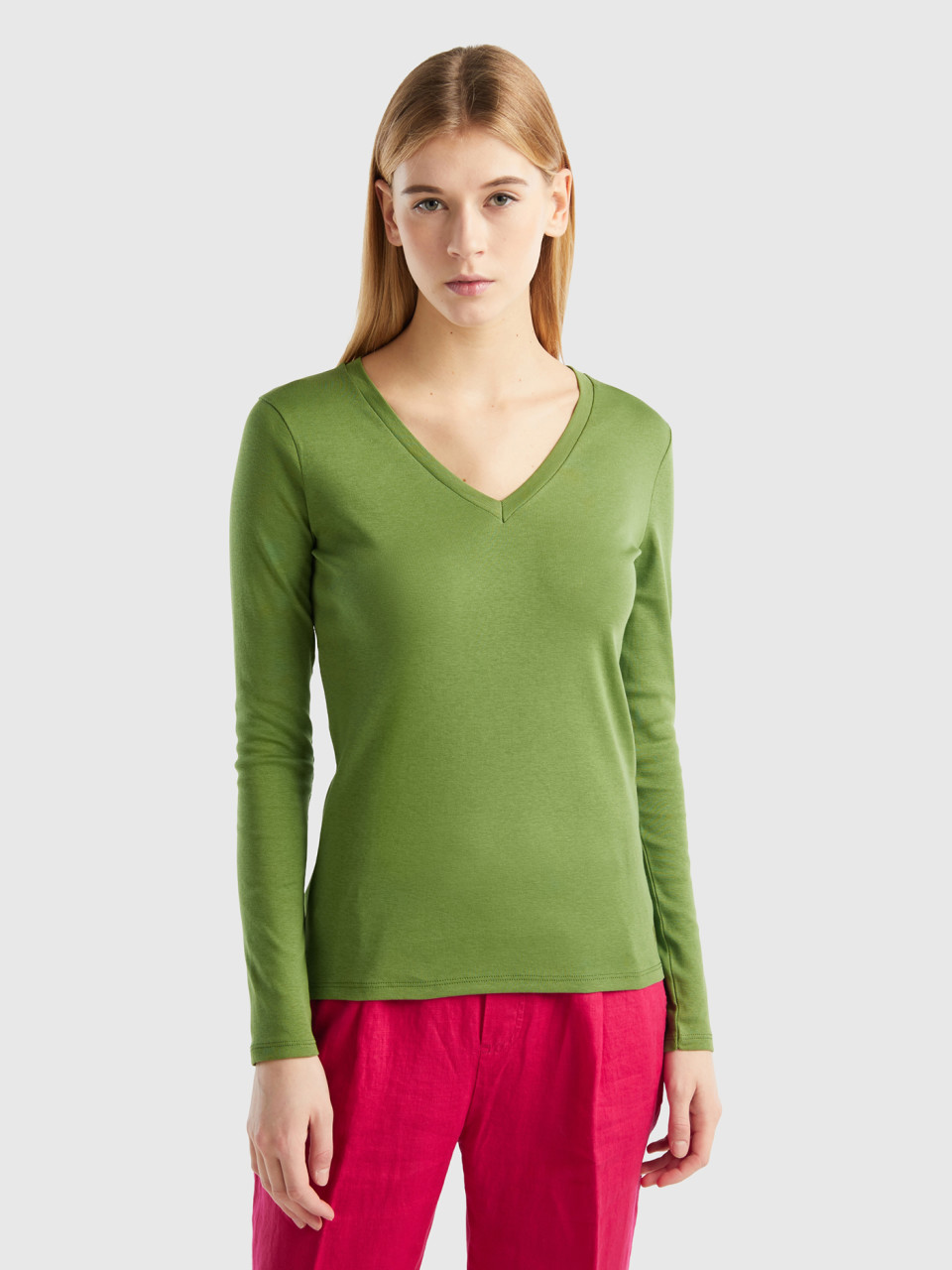 Benetton, Long Sleeve T-shirt With V-neck, Military Green, Women