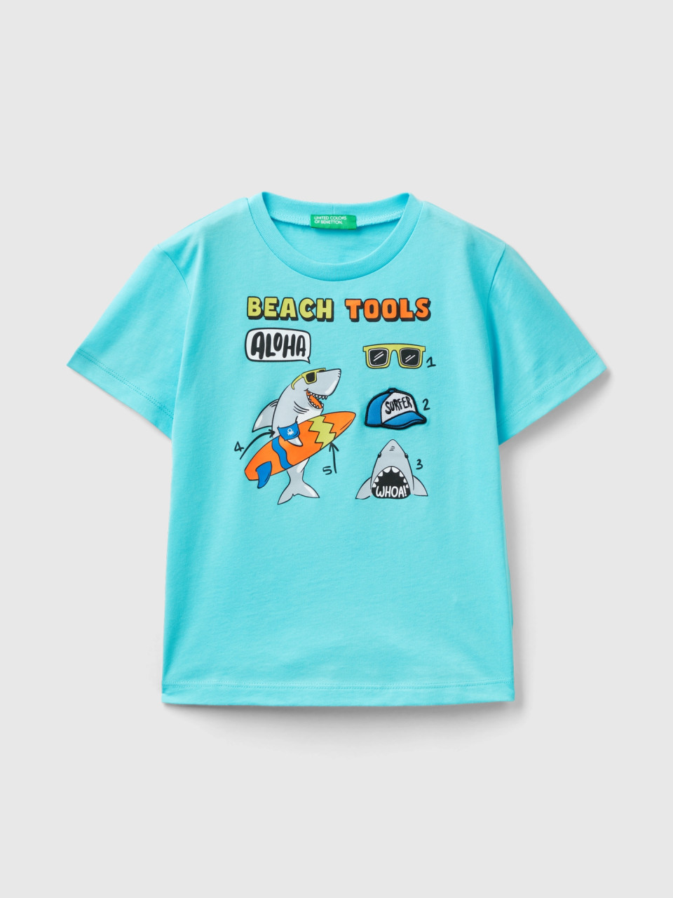 Benetton, T-shirt En Pur Coton, Turquoise, Enfants