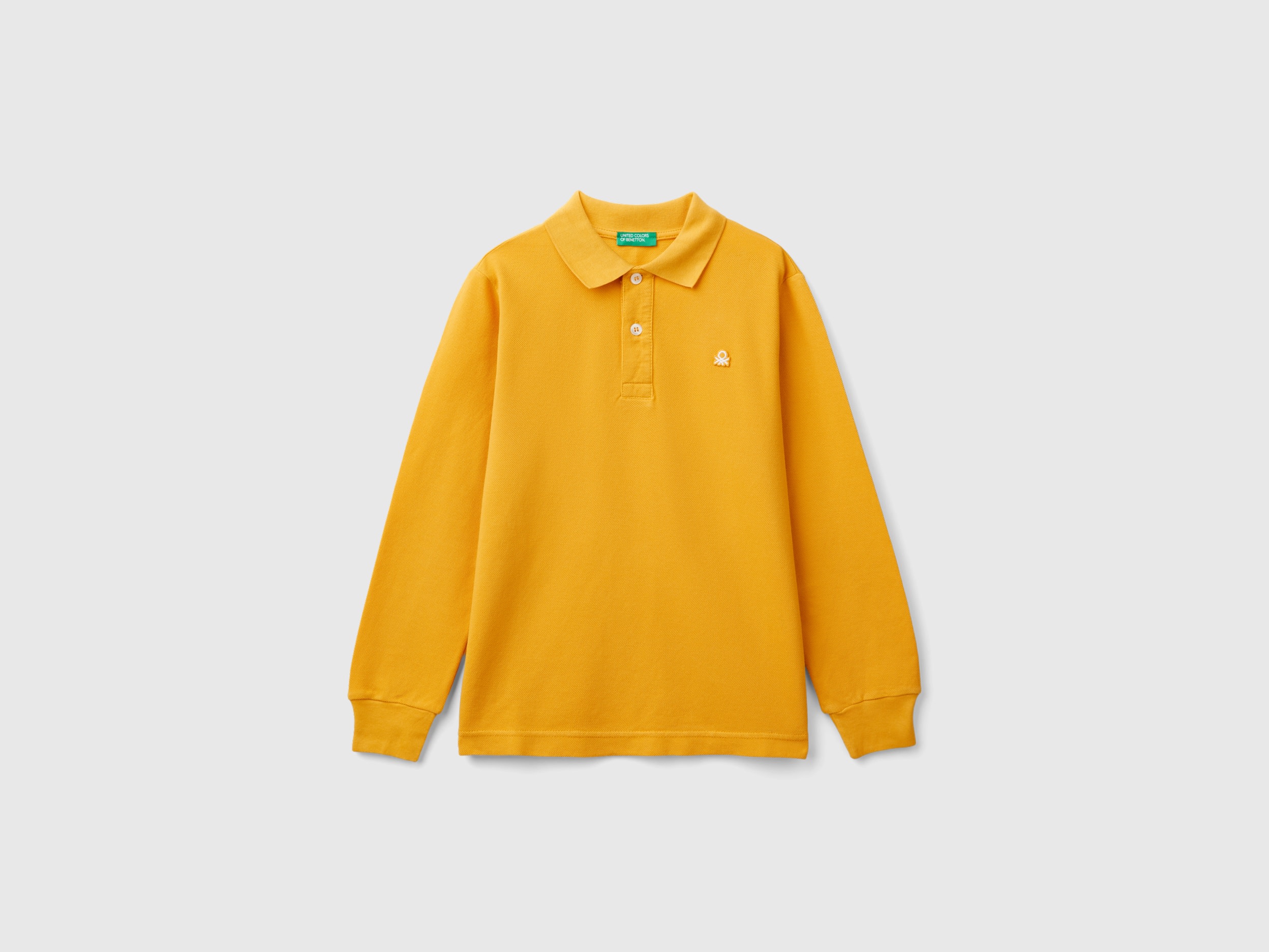 Benetton, Polo Manica Lunga 100% Cotone Bio, Senape, Bambini