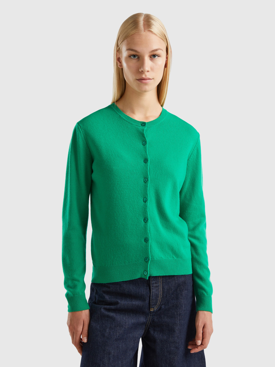 Benetton, Green Crew Neck Cardigan In Pure Merino Wool, Green, Women