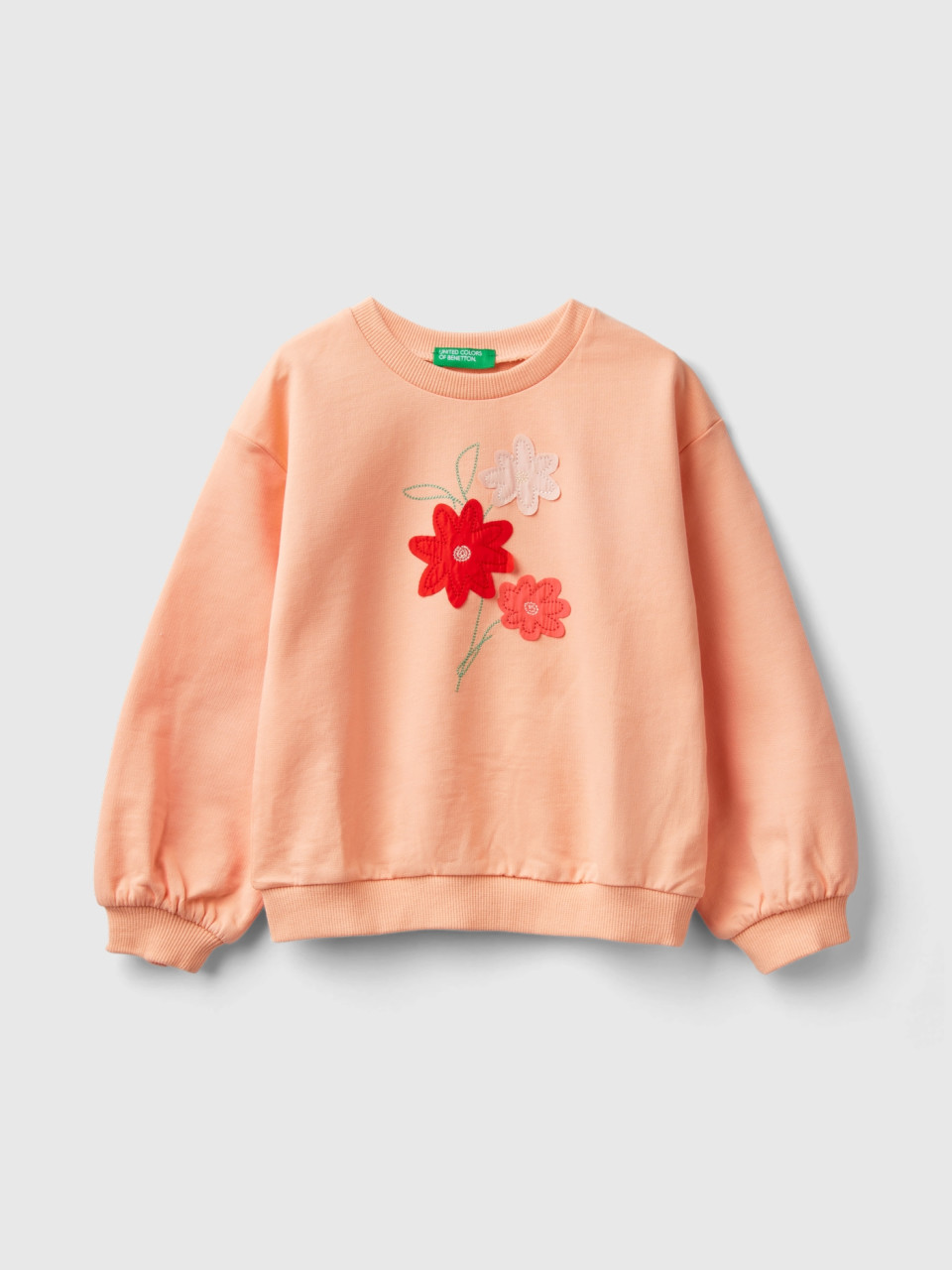Benetton, Sweatshirt With Floral Embroidery, Peach, Kids