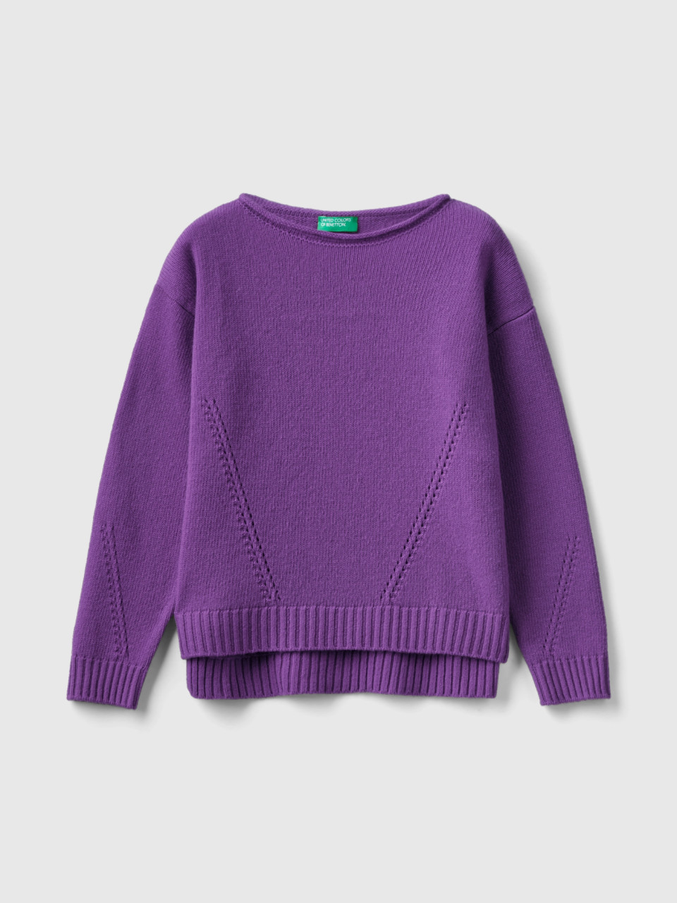 Benetton, Knit Sweater With Playful Stitching, Violet, Kids