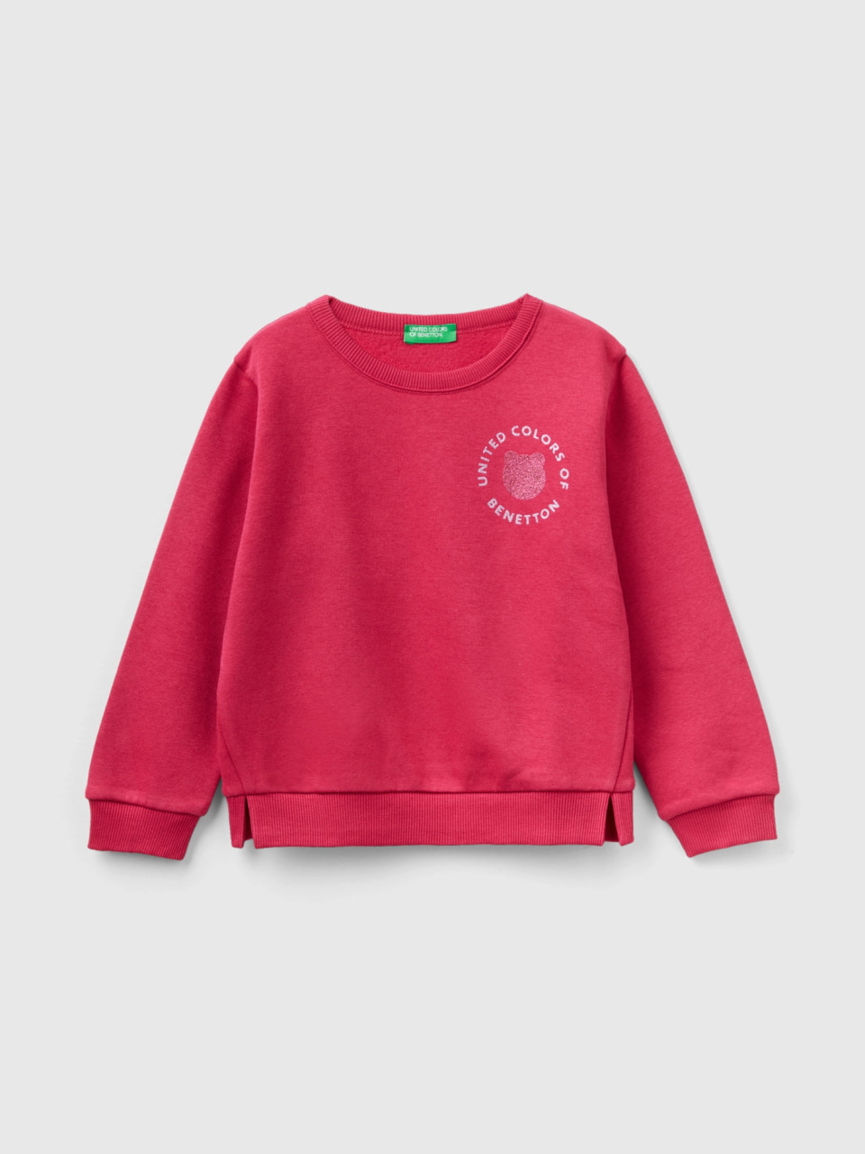 Benetton, Pullover Sweatshirt With Glittery Print, Cyclamen, Kids